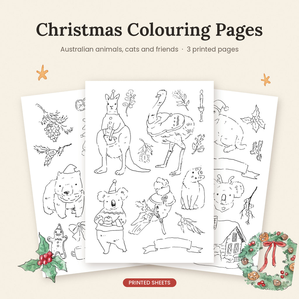 Christmas Australian animal colouring sheets X 3 bundle | suits for watercolour