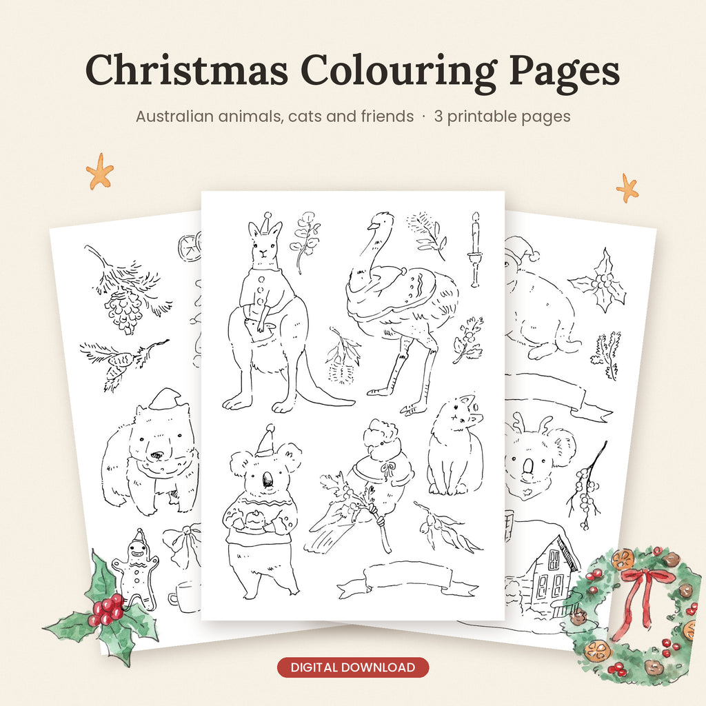 Christmas Australian animal colouring sheets X 3 bundle. Digital file only