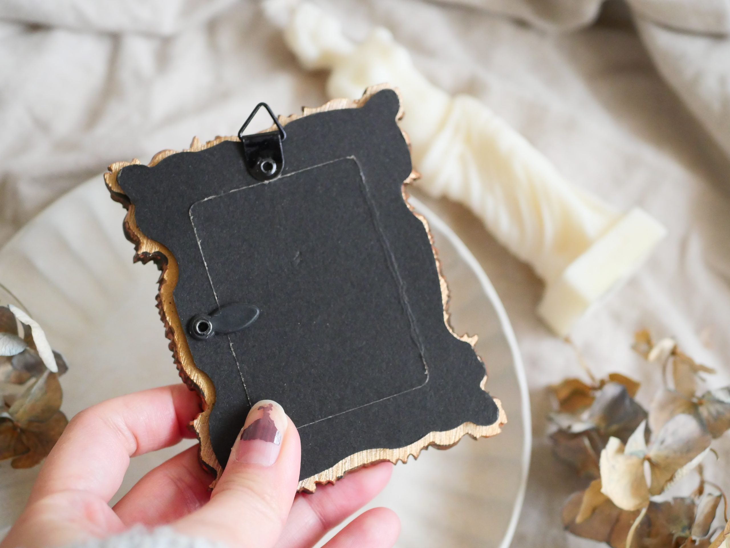 Vintage mini framed art | Black cat with lady bug