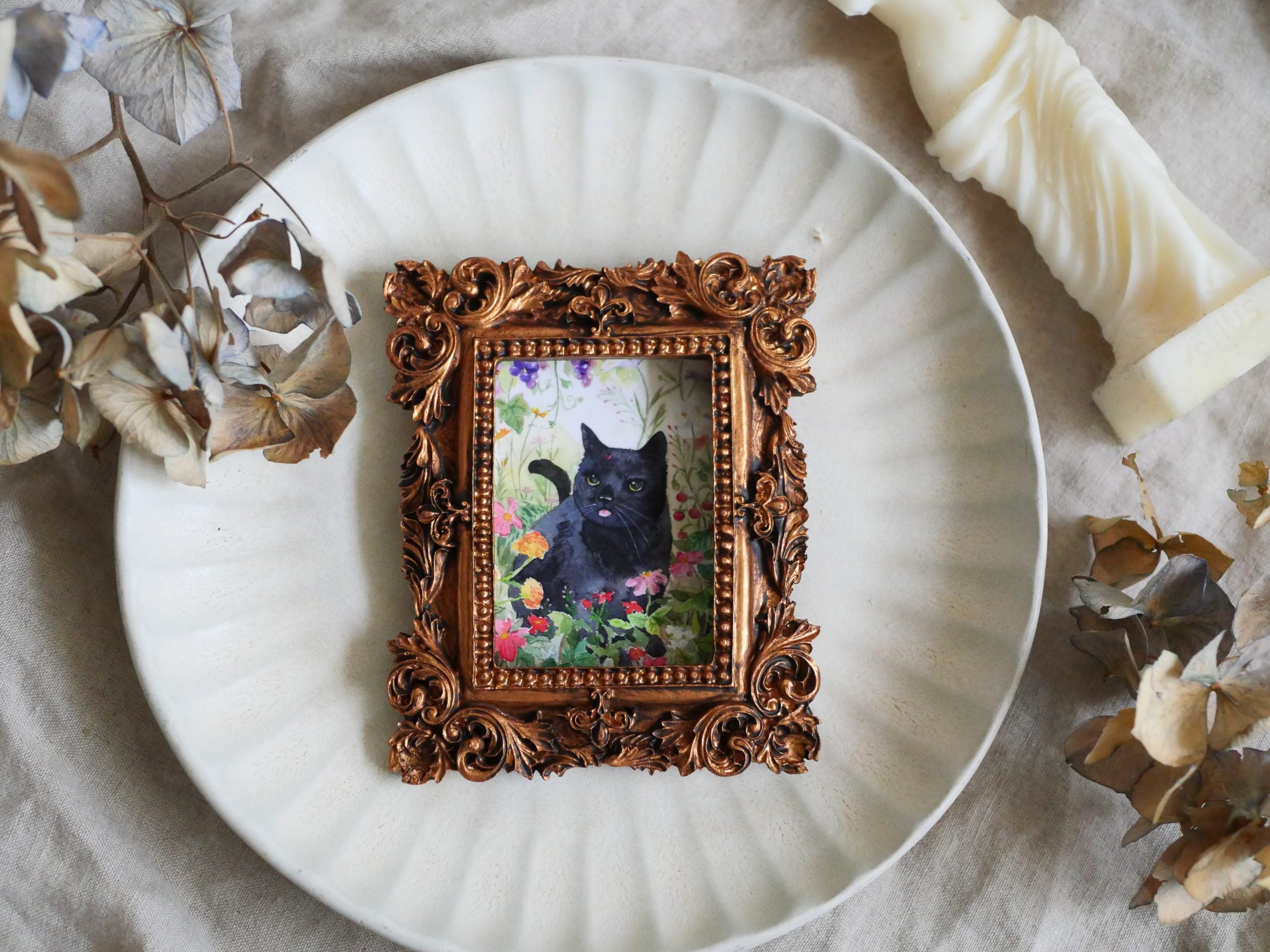 Vintage mini framed art | Black cat with lady bug