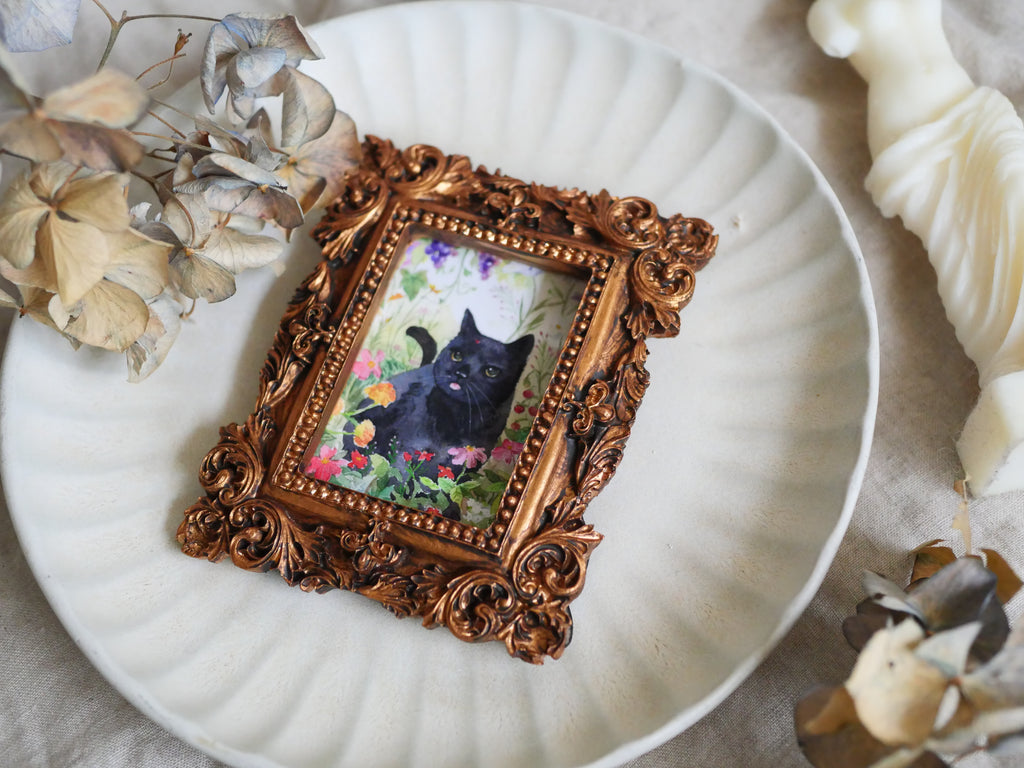 Black cat with lady bug | Mini Vintage-Style Framed Art Print