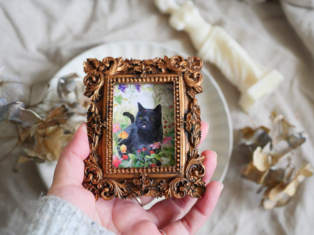 Vintage mini framed art | Black cat with lady bug