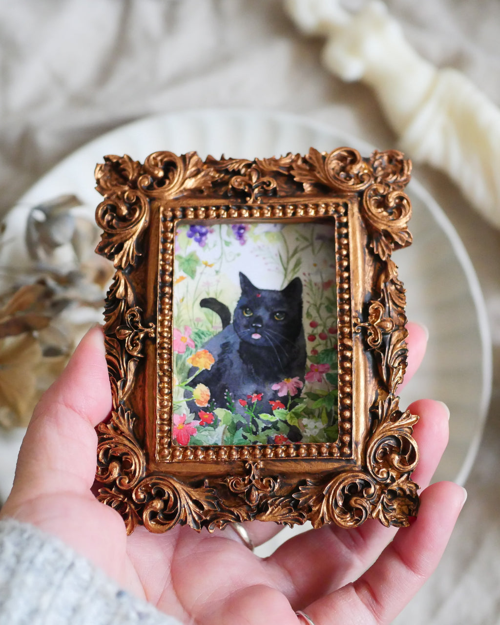 Black cat with lady bug | Mini Vintage-Style Framed Art Print