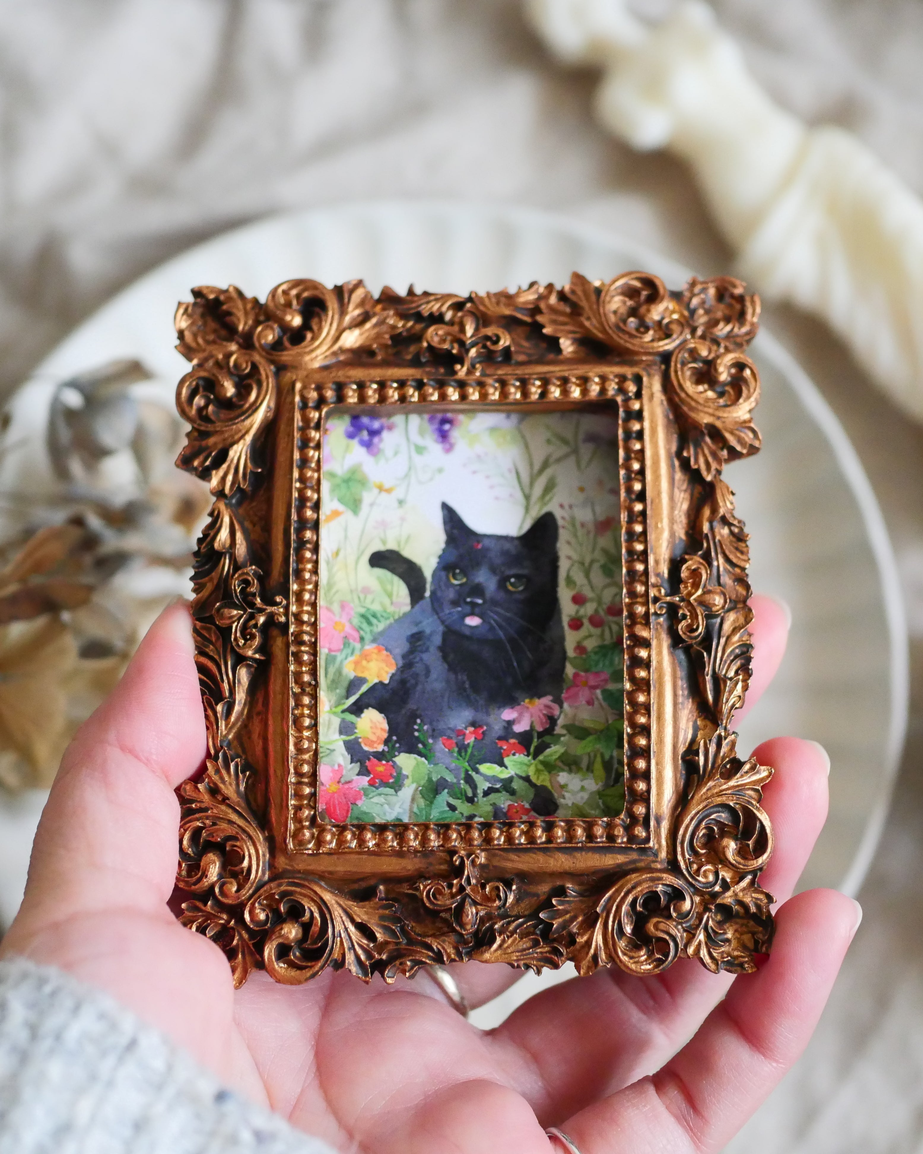 Black cat with lady bug | Mini Vintage-Style Framed Art Print