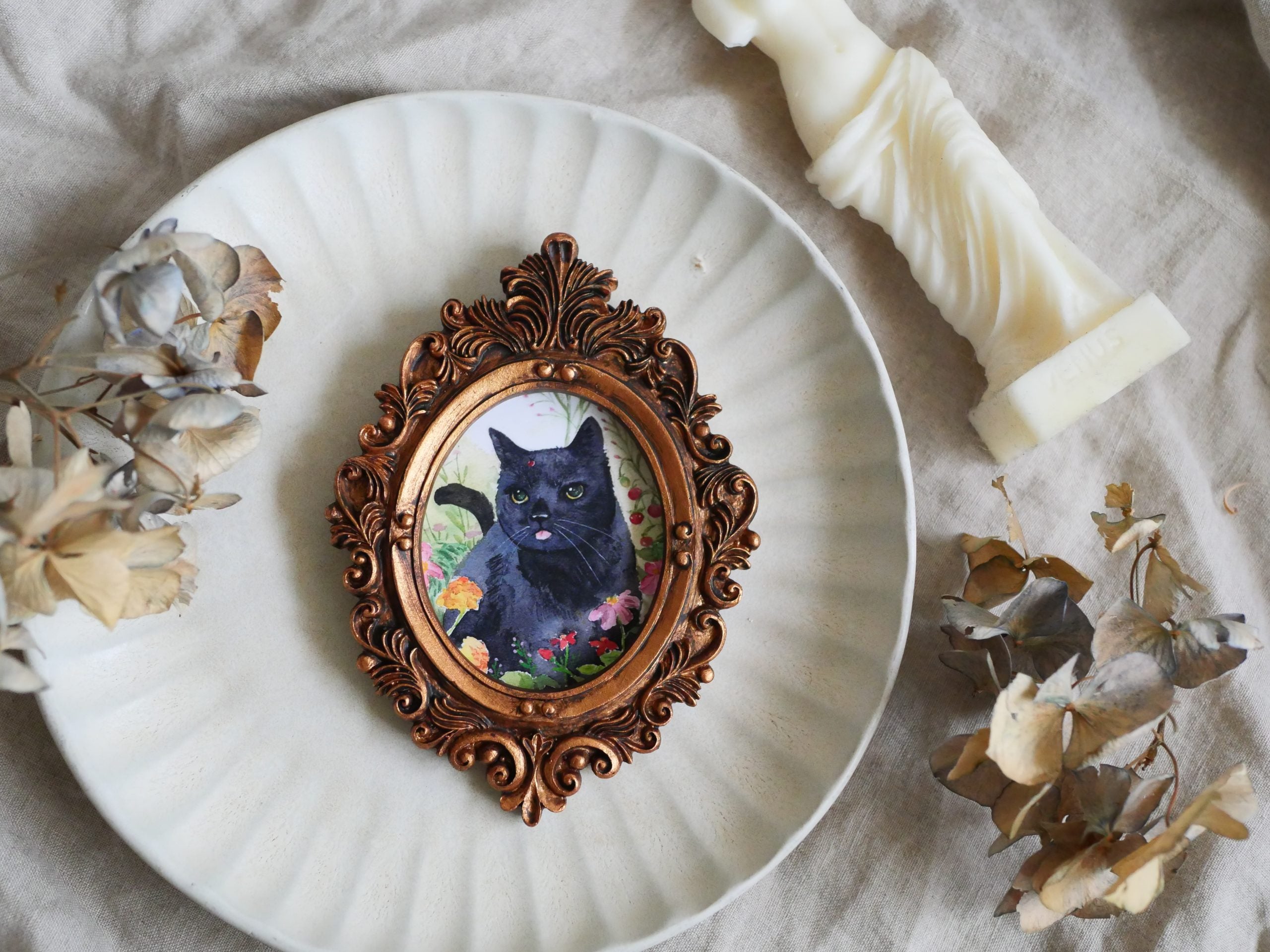 Vintage mini framed art | Black cat with lady bug