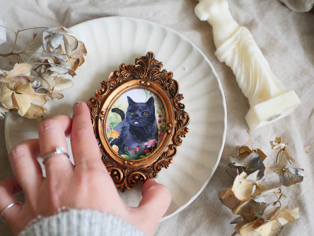 Vintage mini framed art | Black cat with lady bug