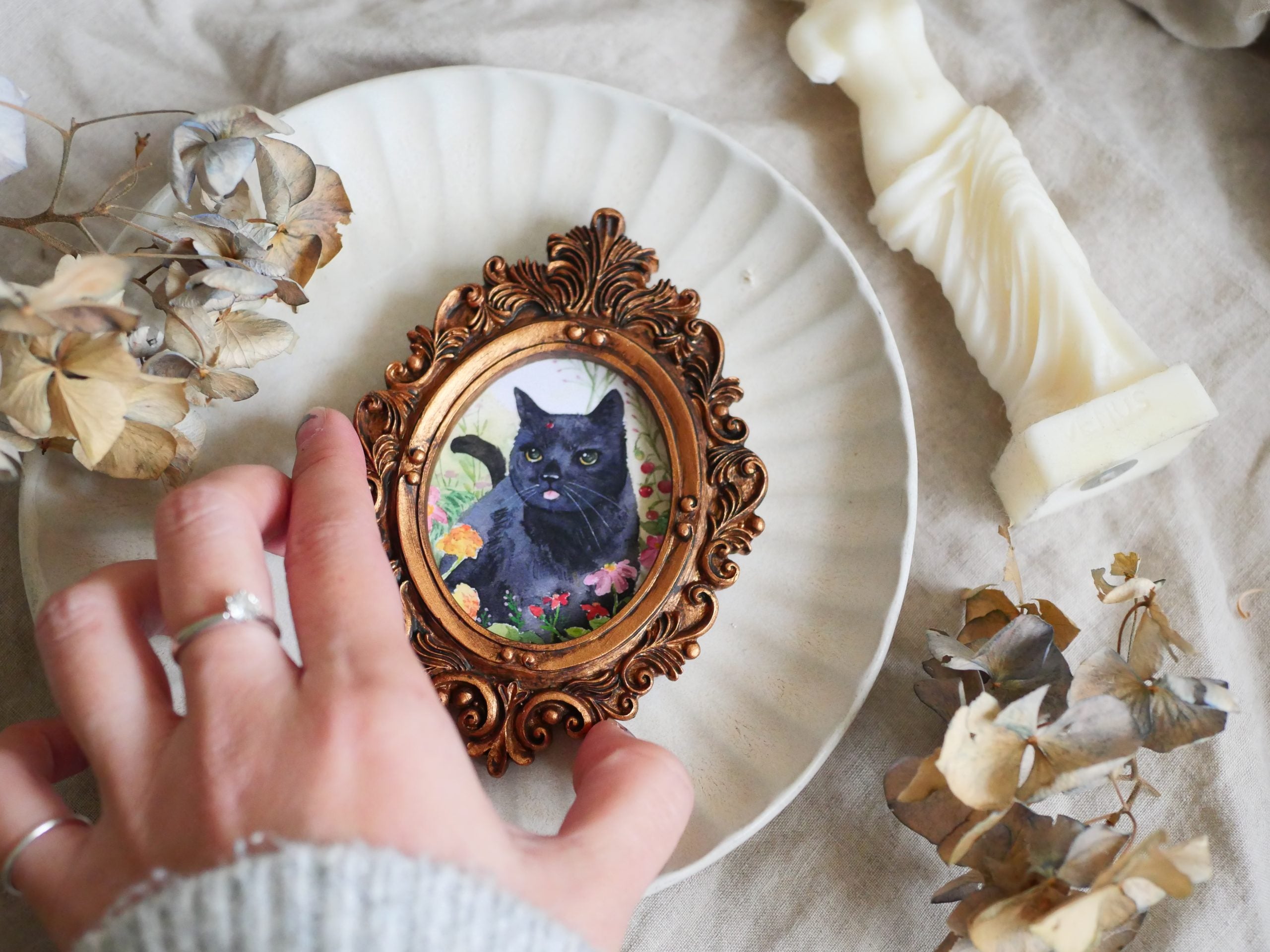 Vintage mini framed art | Black cat with lady bug