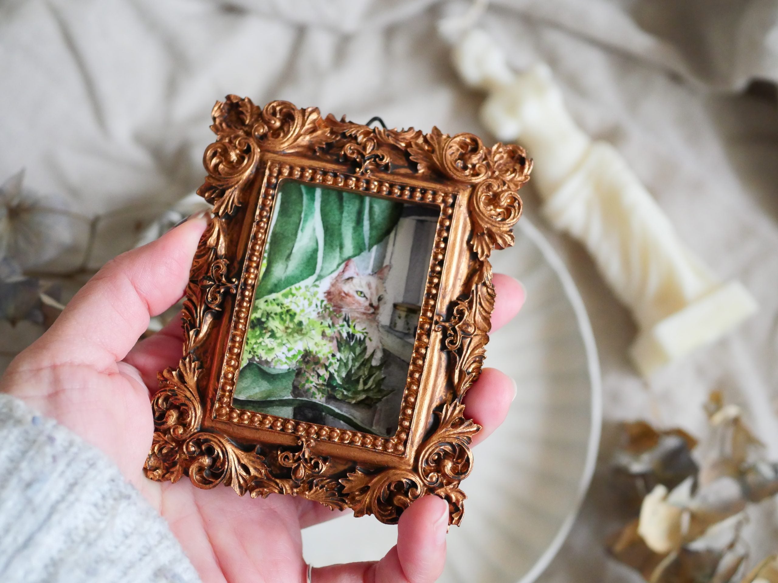 Vintage mini framed art | Hiding in greens