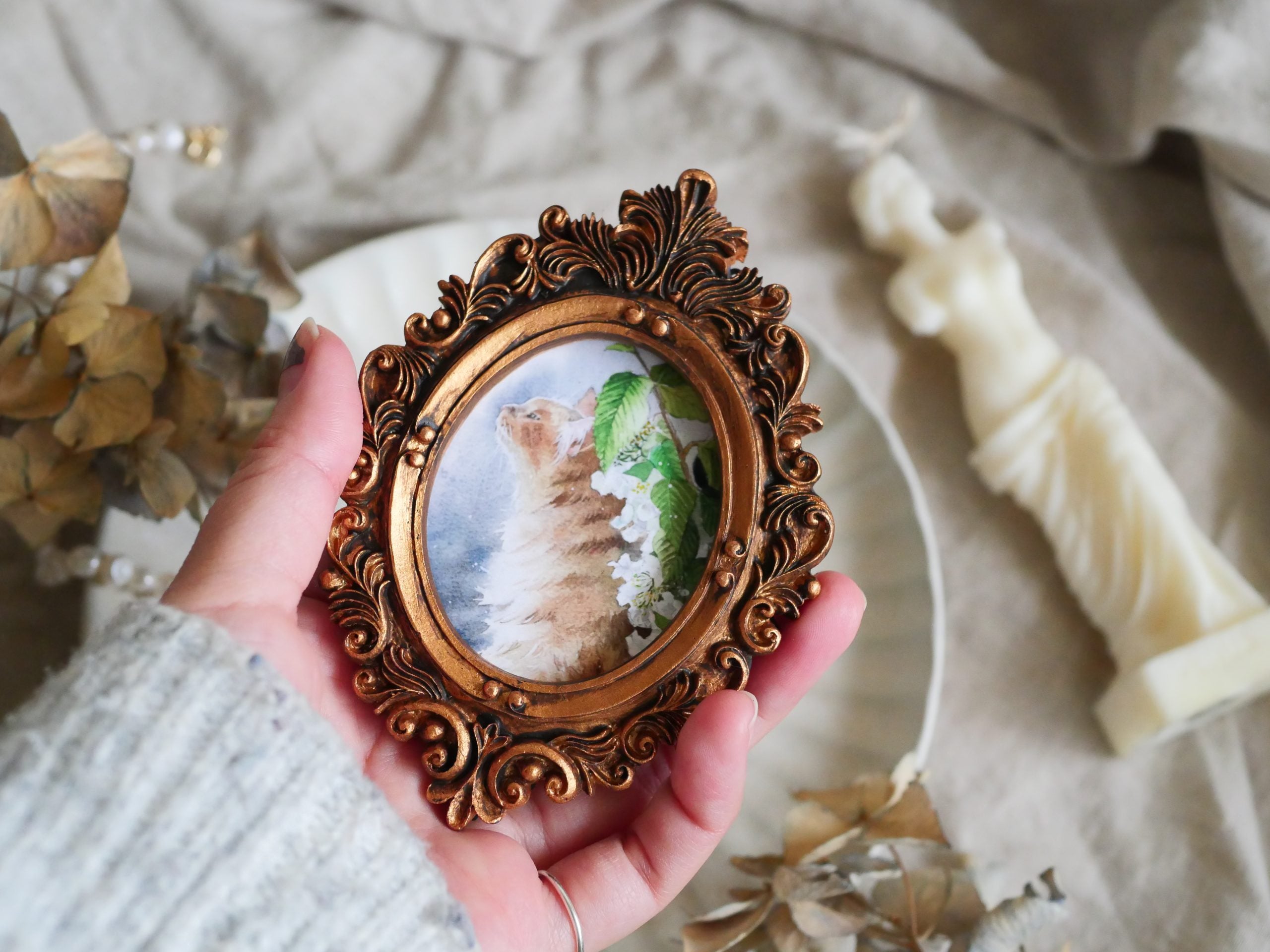 Vintage mini framed art | Sitting by flowers