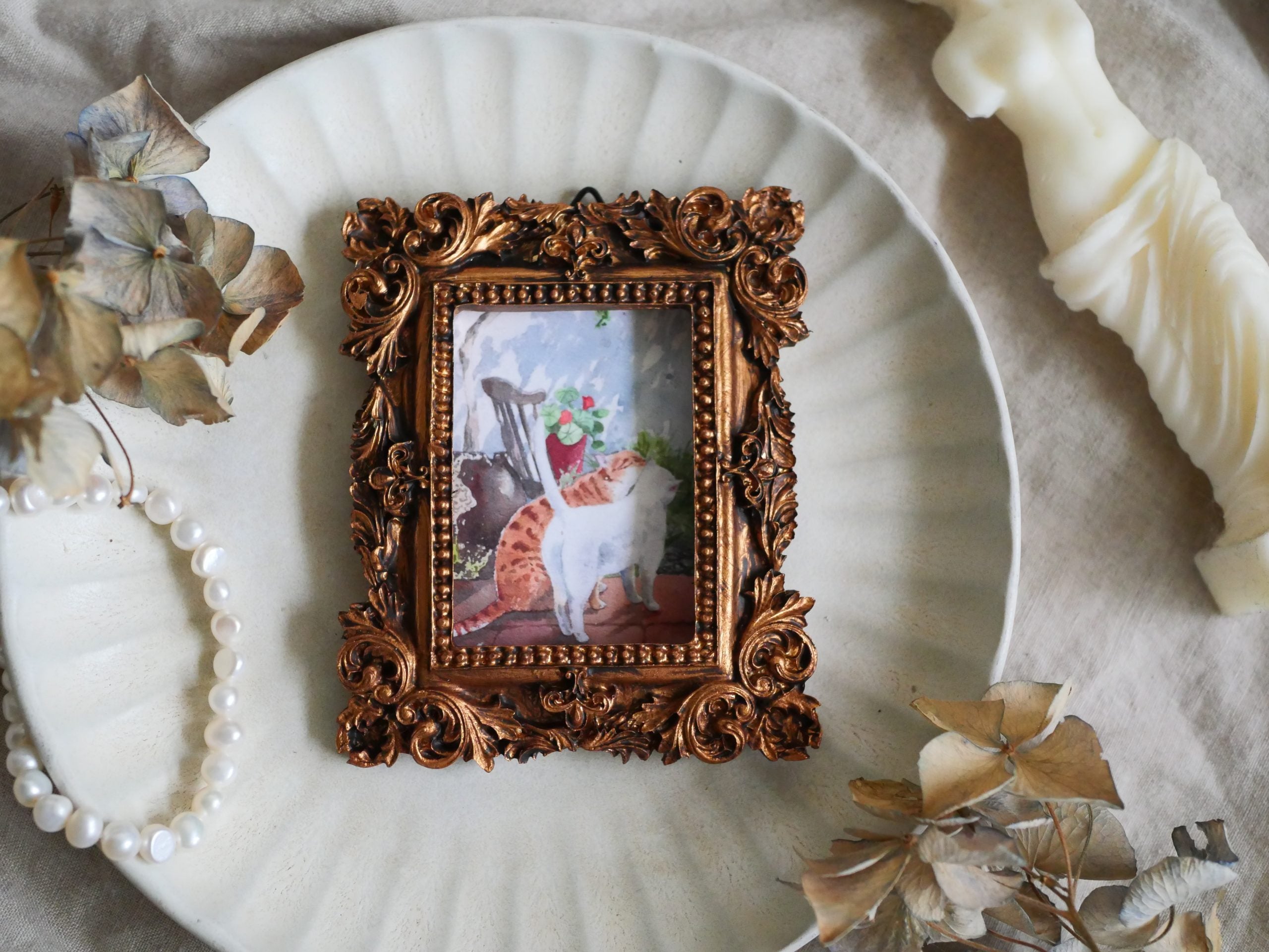 Sweet Little Kiss — Cat Watercolour Mini Print with Vintage frame