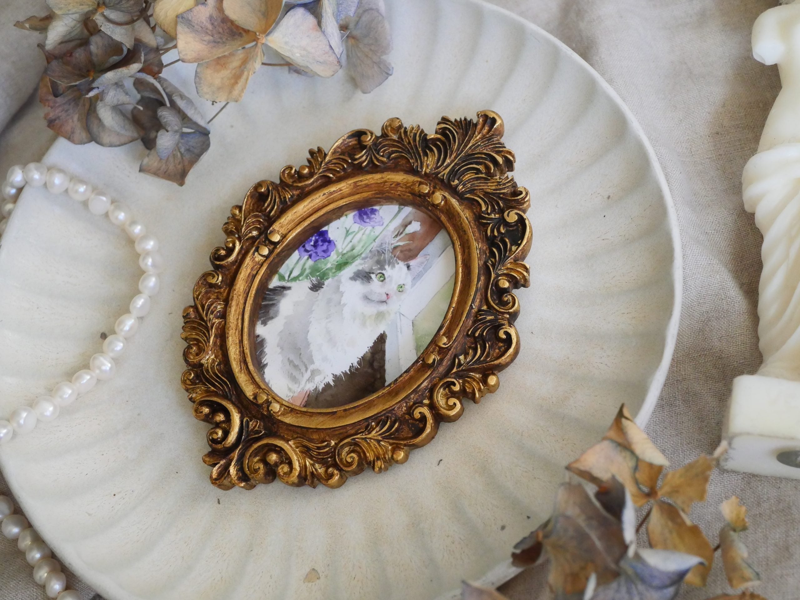 Vintage mini framed art | Piggy and flower