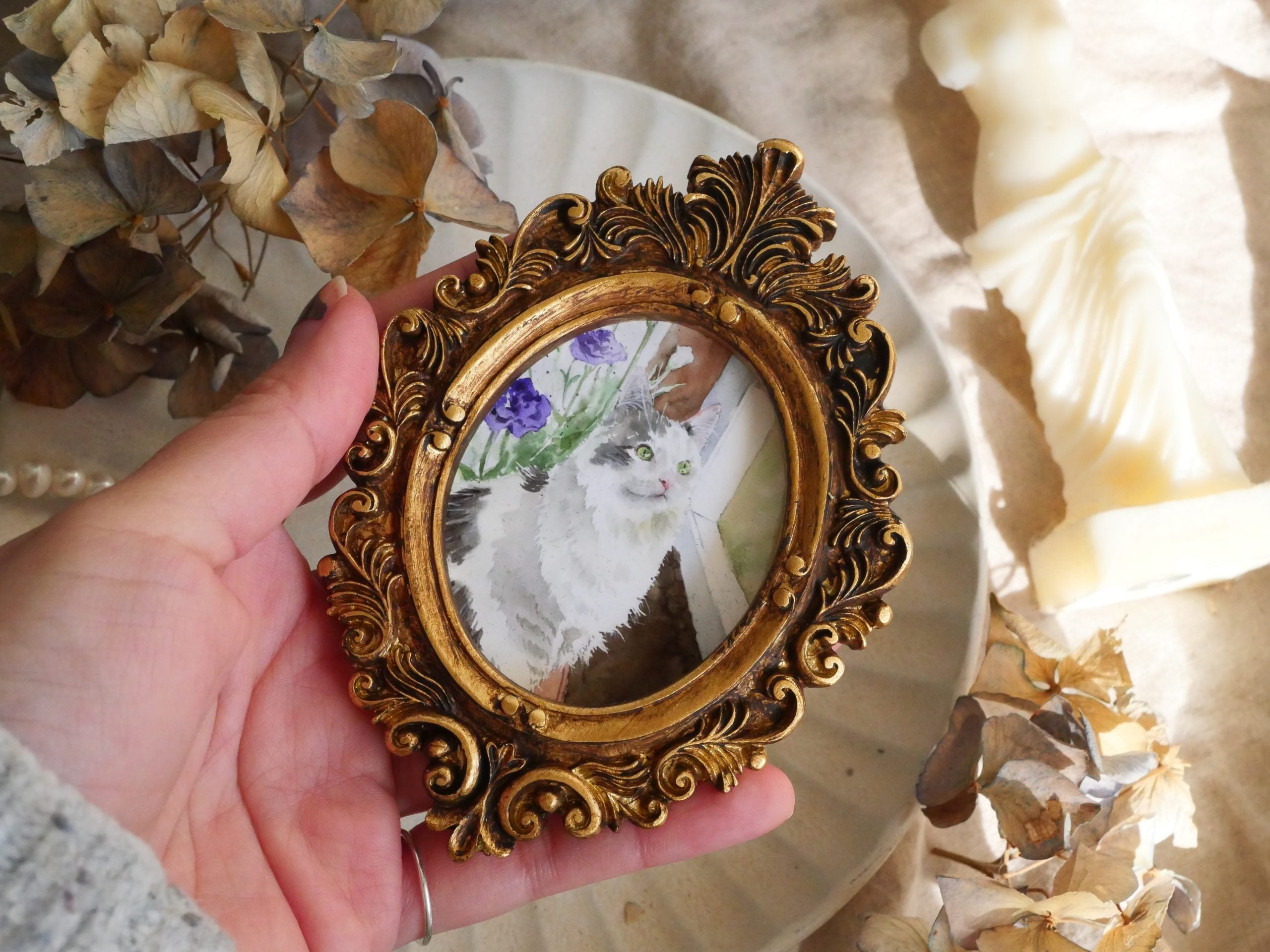 Vintage mini framed art | Piggy and flower