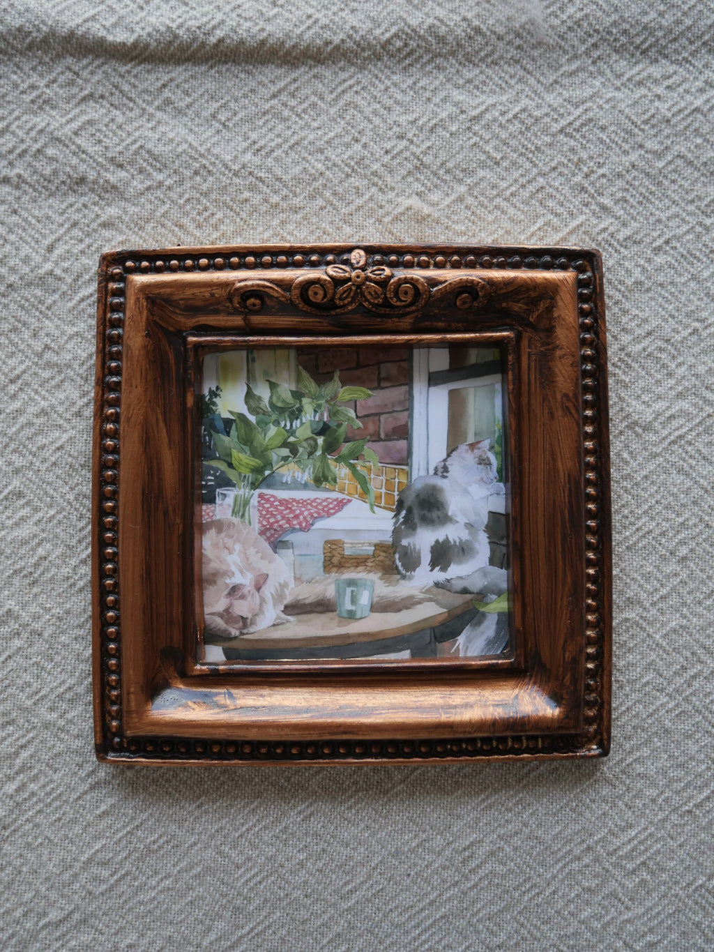 Cats looking out  the window | vintage mini framed cat art print