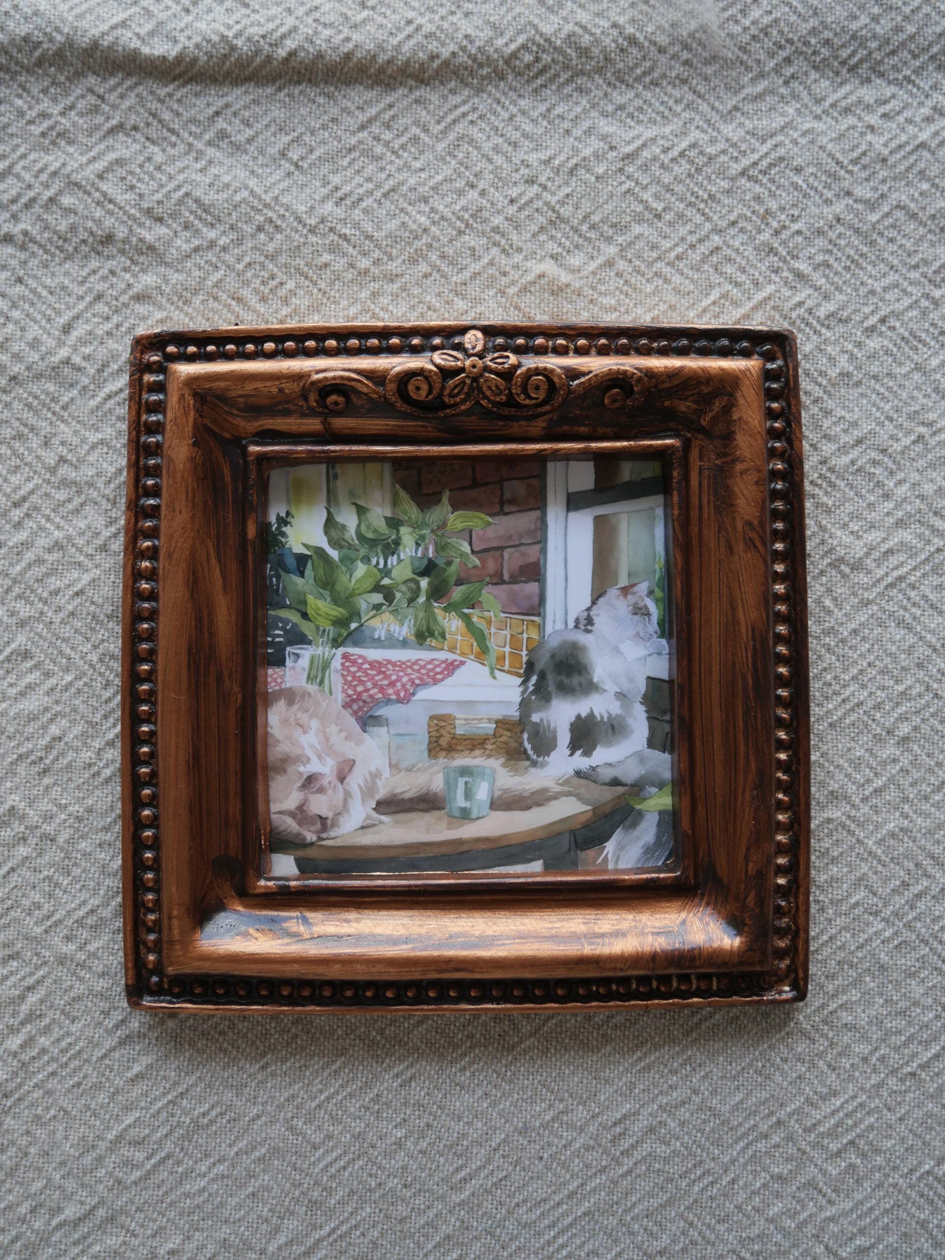 Cats looking out  the window | vintage mini framed cat art print