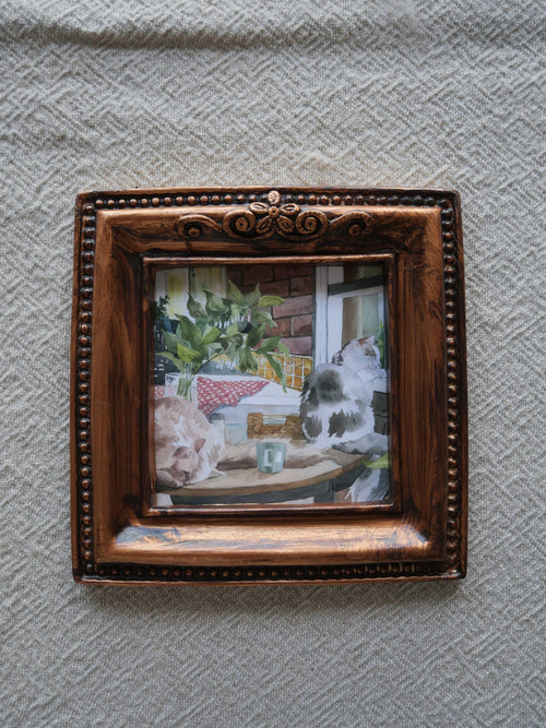 Cats looking out  the window | vintage mini framed cat art print