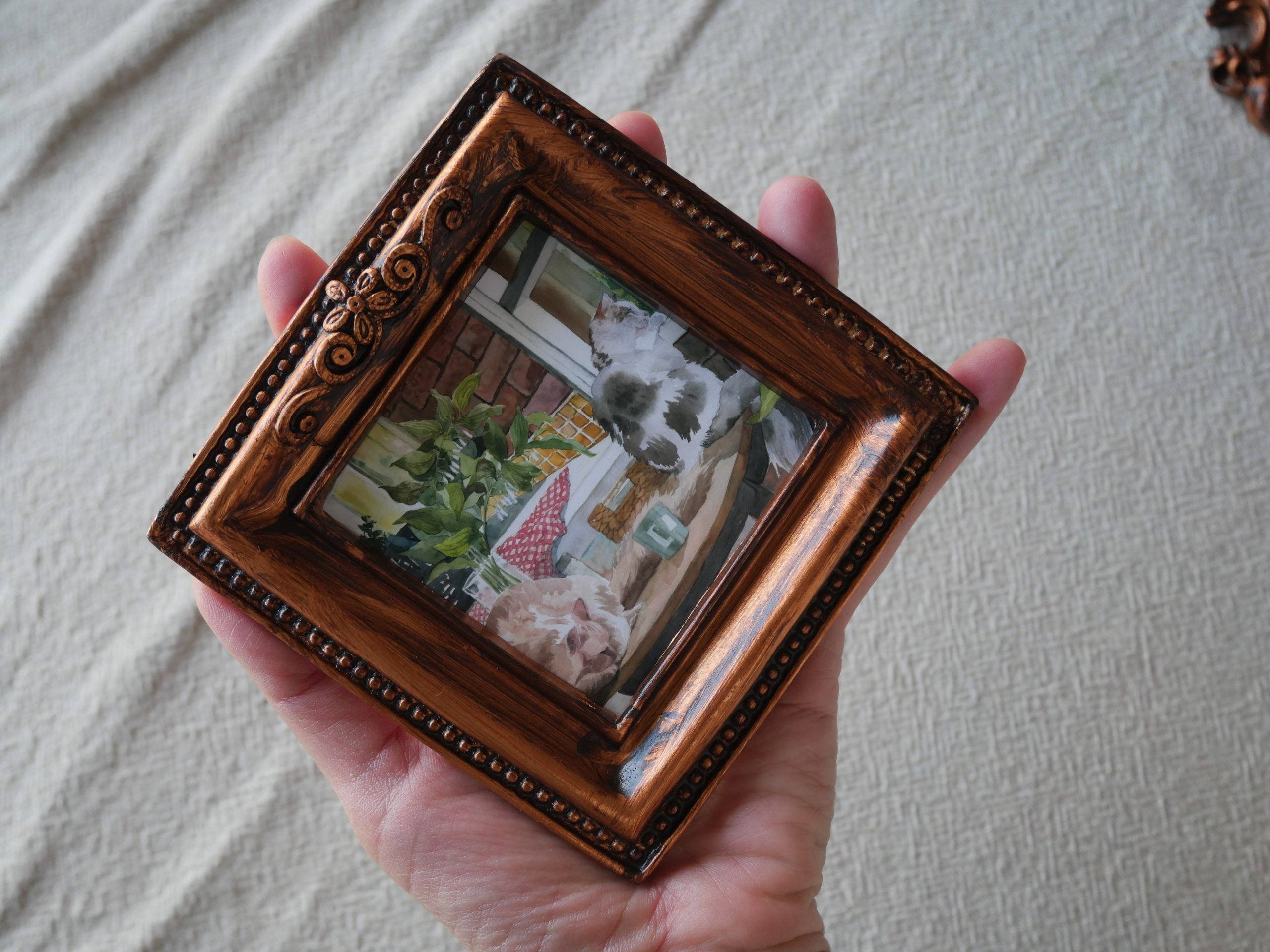 Cats looking out  the window | vintage mini framed cat art print