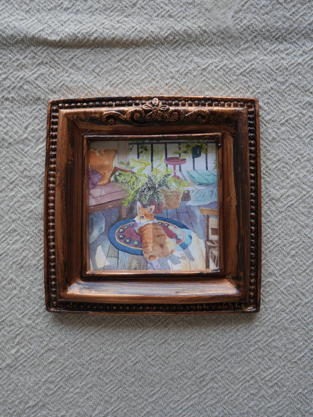 Corgi in the room watercolour mini framed art