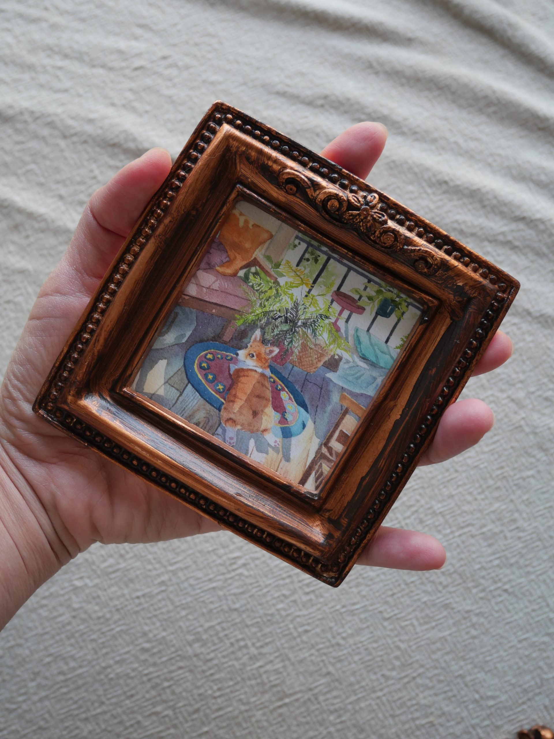 Corgi in the room watercolour mini framed art