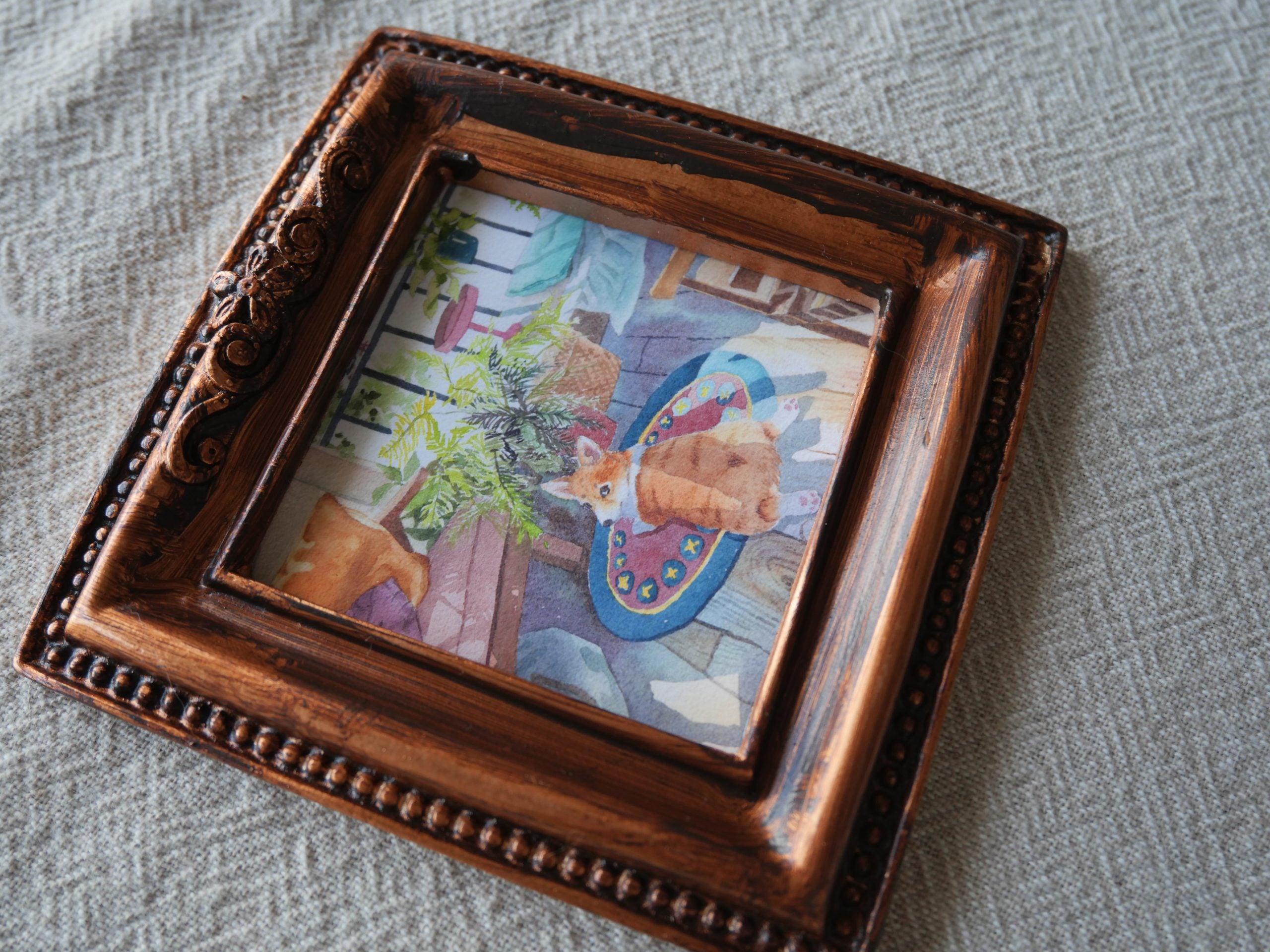 Corgi in the room watercolour mini framed art