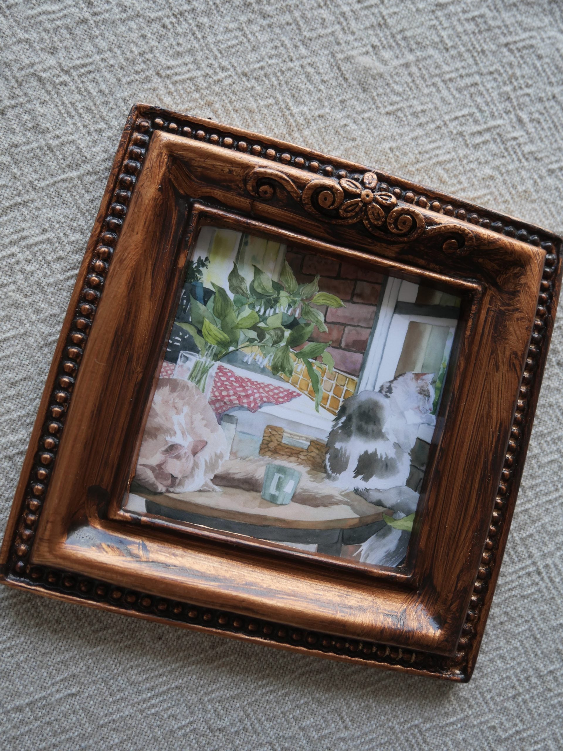 Cats looking out  the window | vintage mini framed cat art print