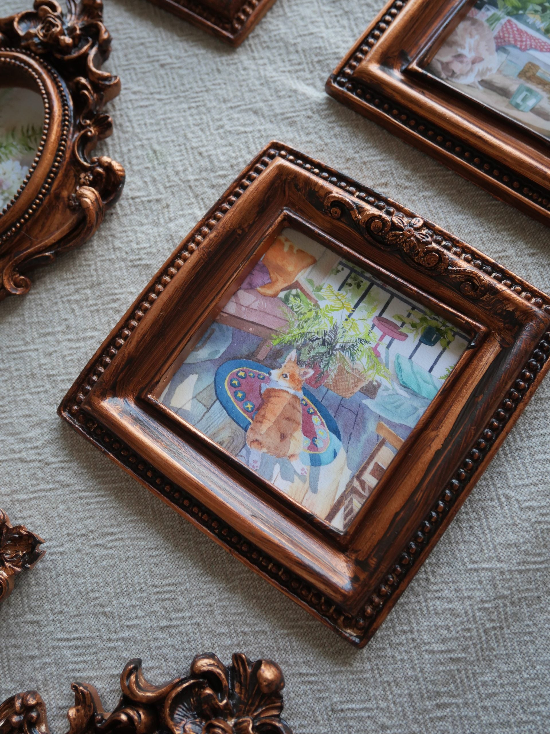 Corgi in the room watercolour mini framed art