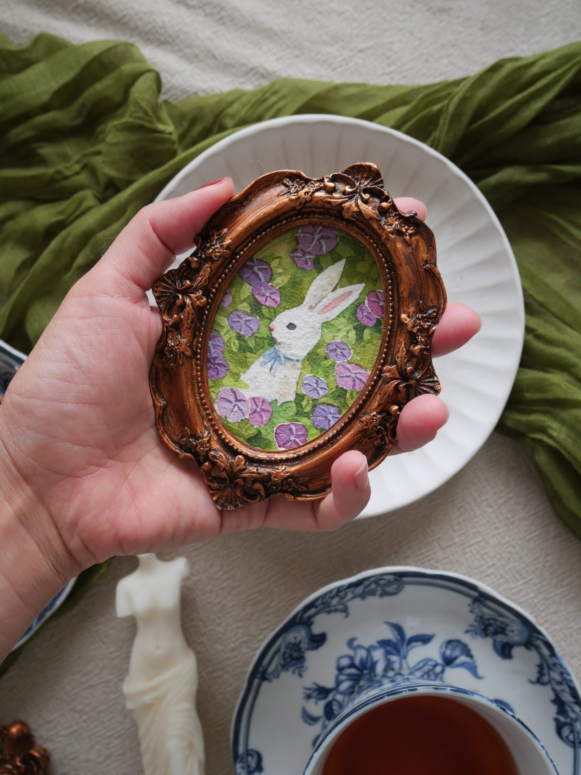 Rabbit with Purple Flowers II | Framed Watercolour Art Print & Original