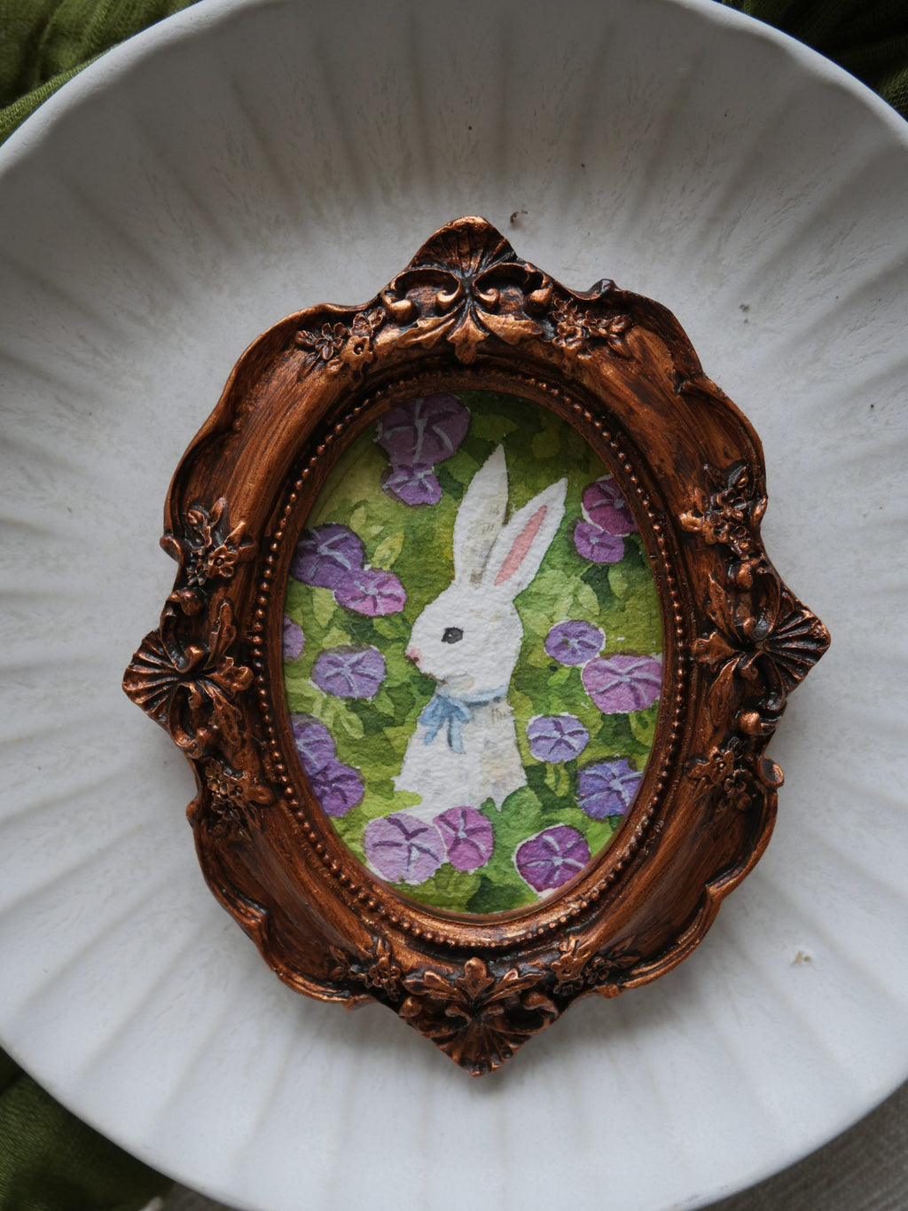 Rabbit with Purple Flowers II | Framed Watercolour Art Print & Original