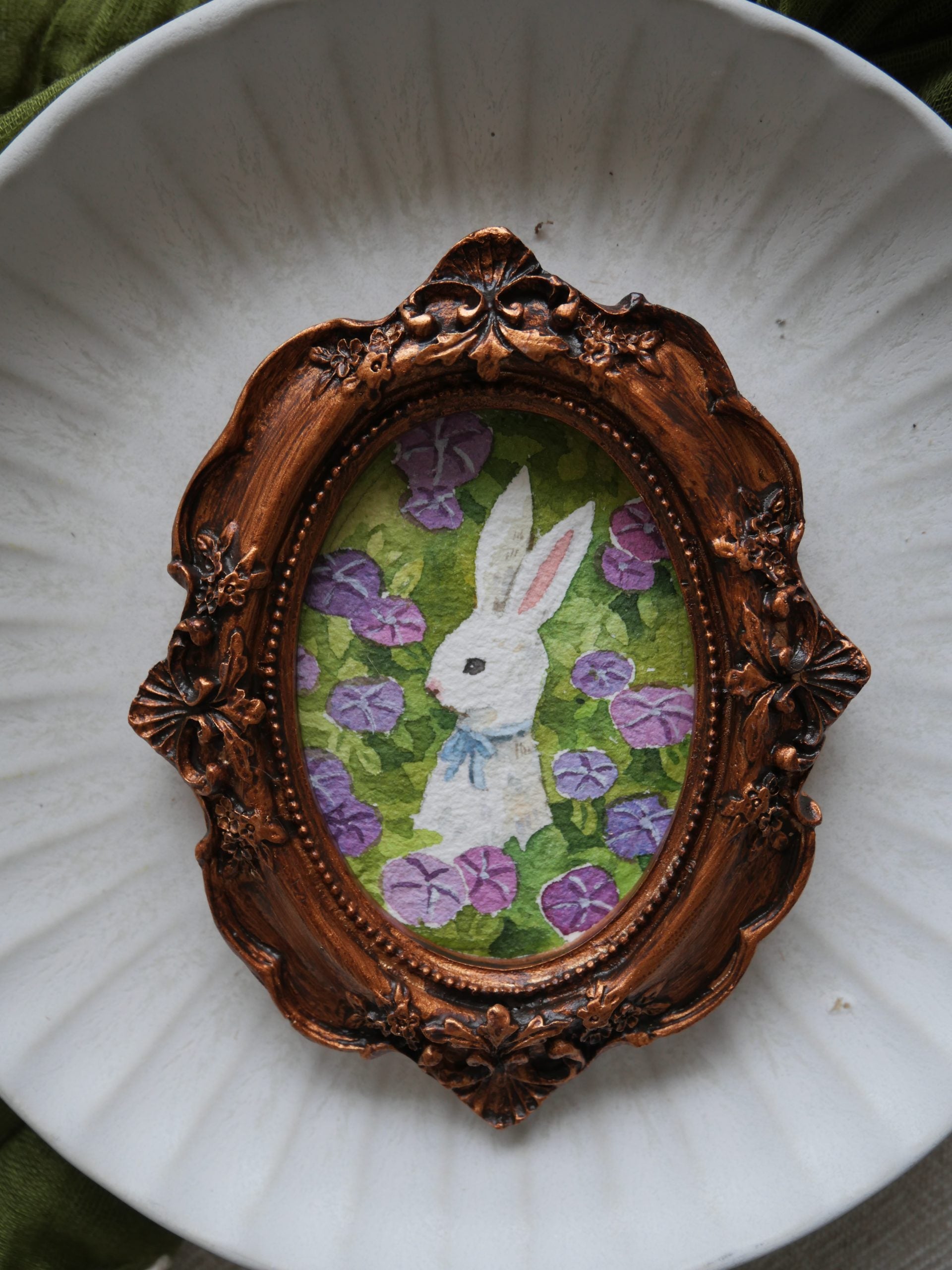 Rabbit with Purple Flowers II | Framed Watercolour Art Print & Original