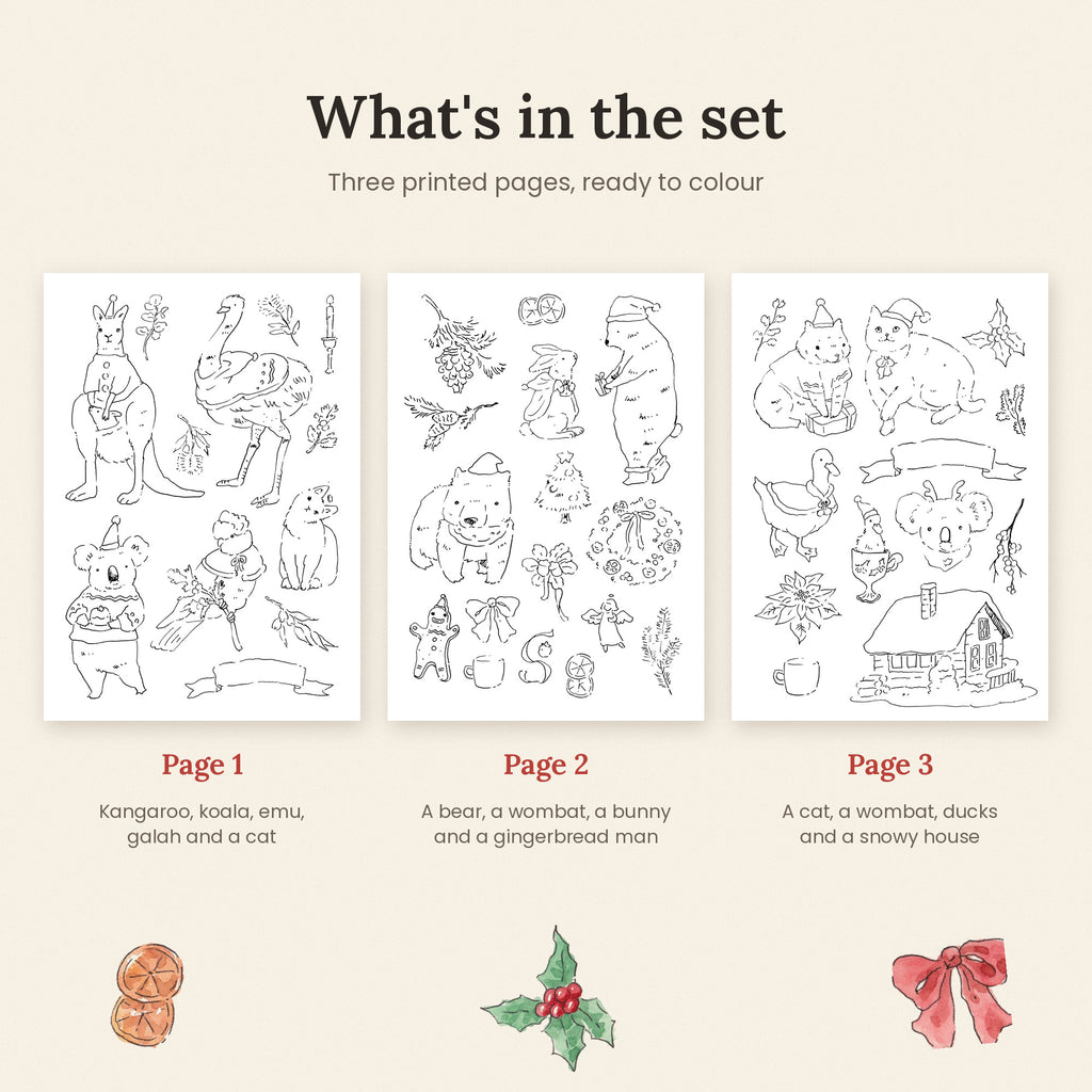Christmas Australian animal colouring sheets X 3 bundle | suits for watercolour