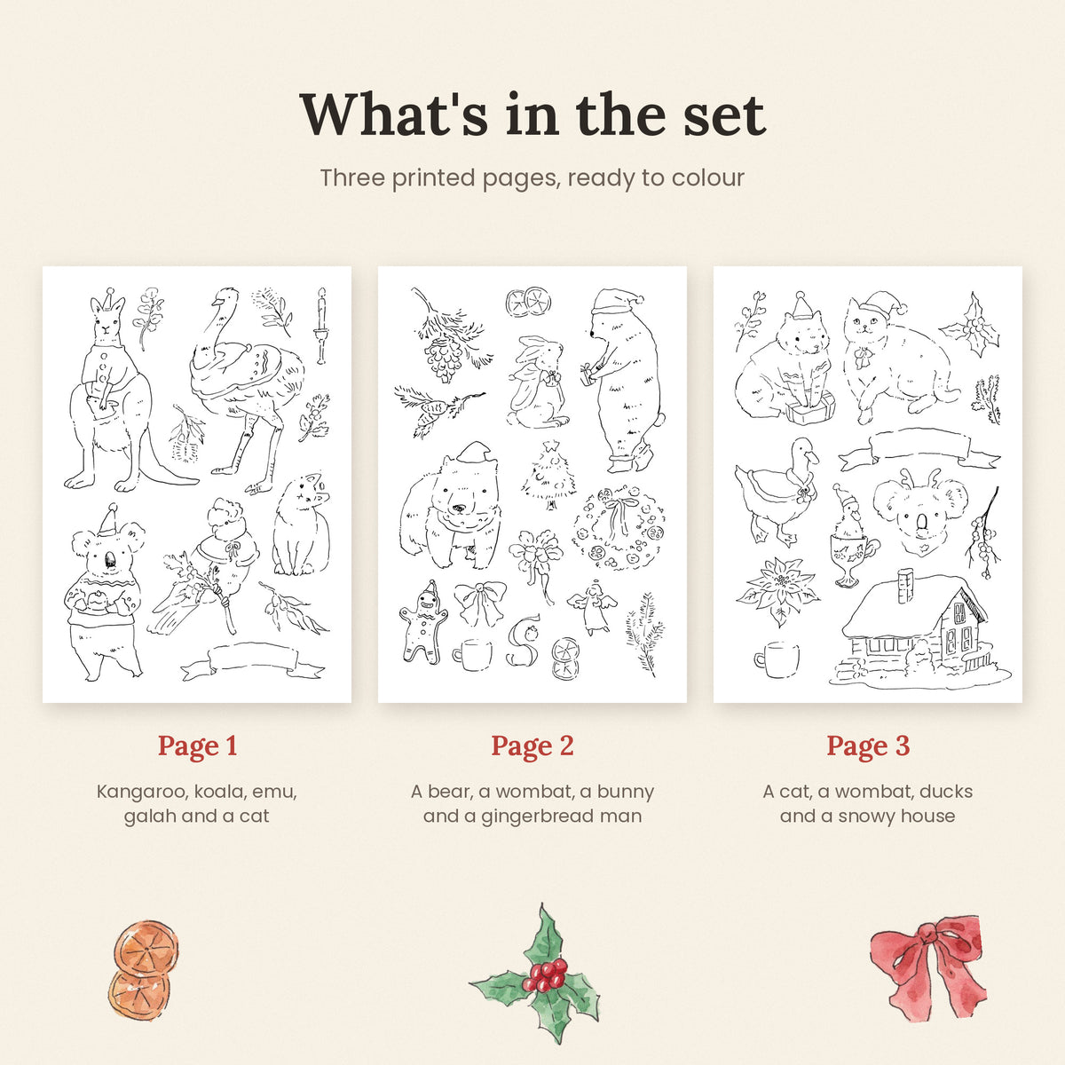 Christmas Australian animal colouring sheets X 3 bundle | suits for watercolour