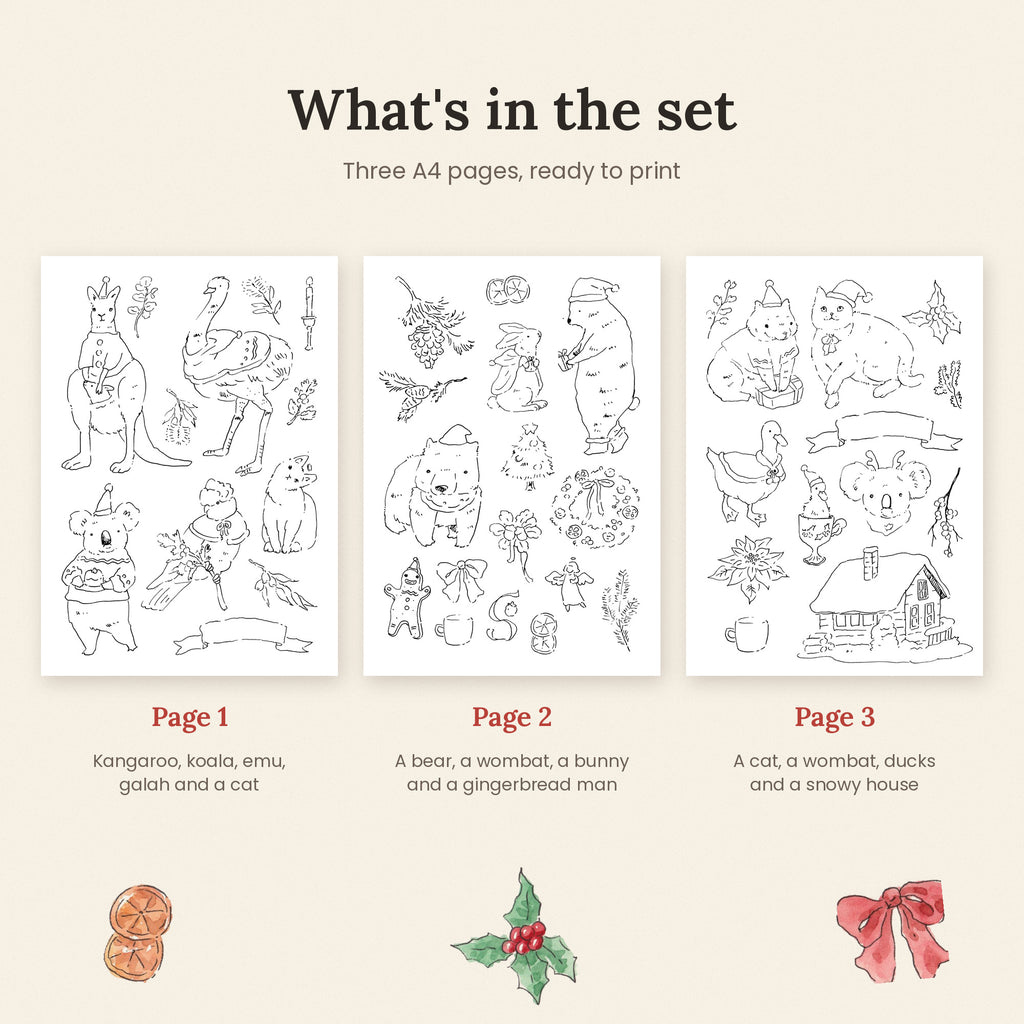 Christmas Australian animal colouring sheets X 3 bundle. Digital file only