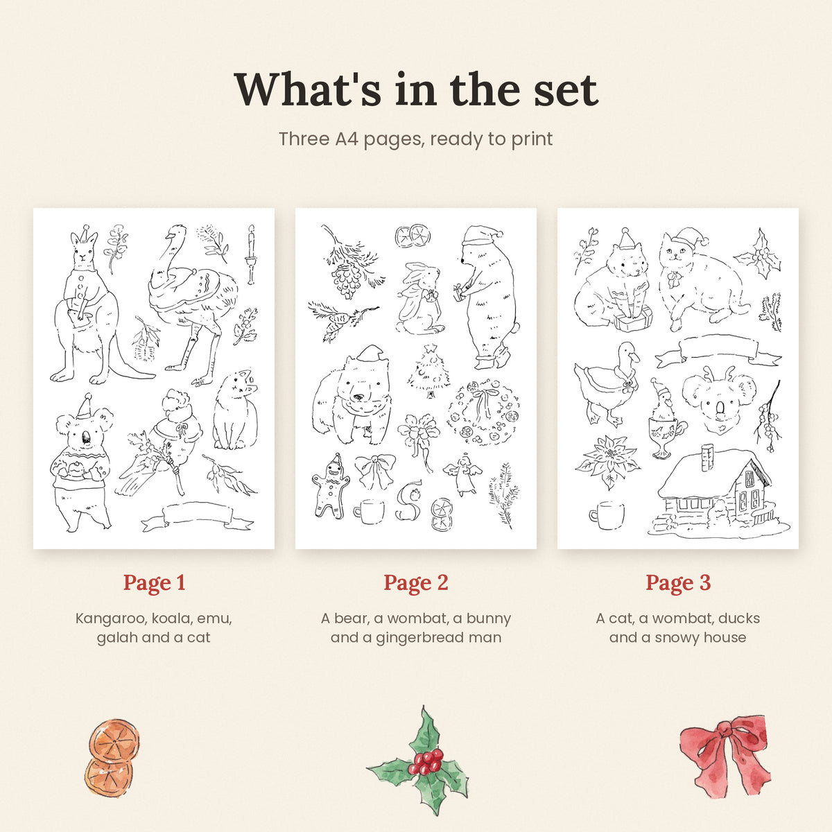 Christmas Australian animal colouring sheets X 3 bundle. Digital file only