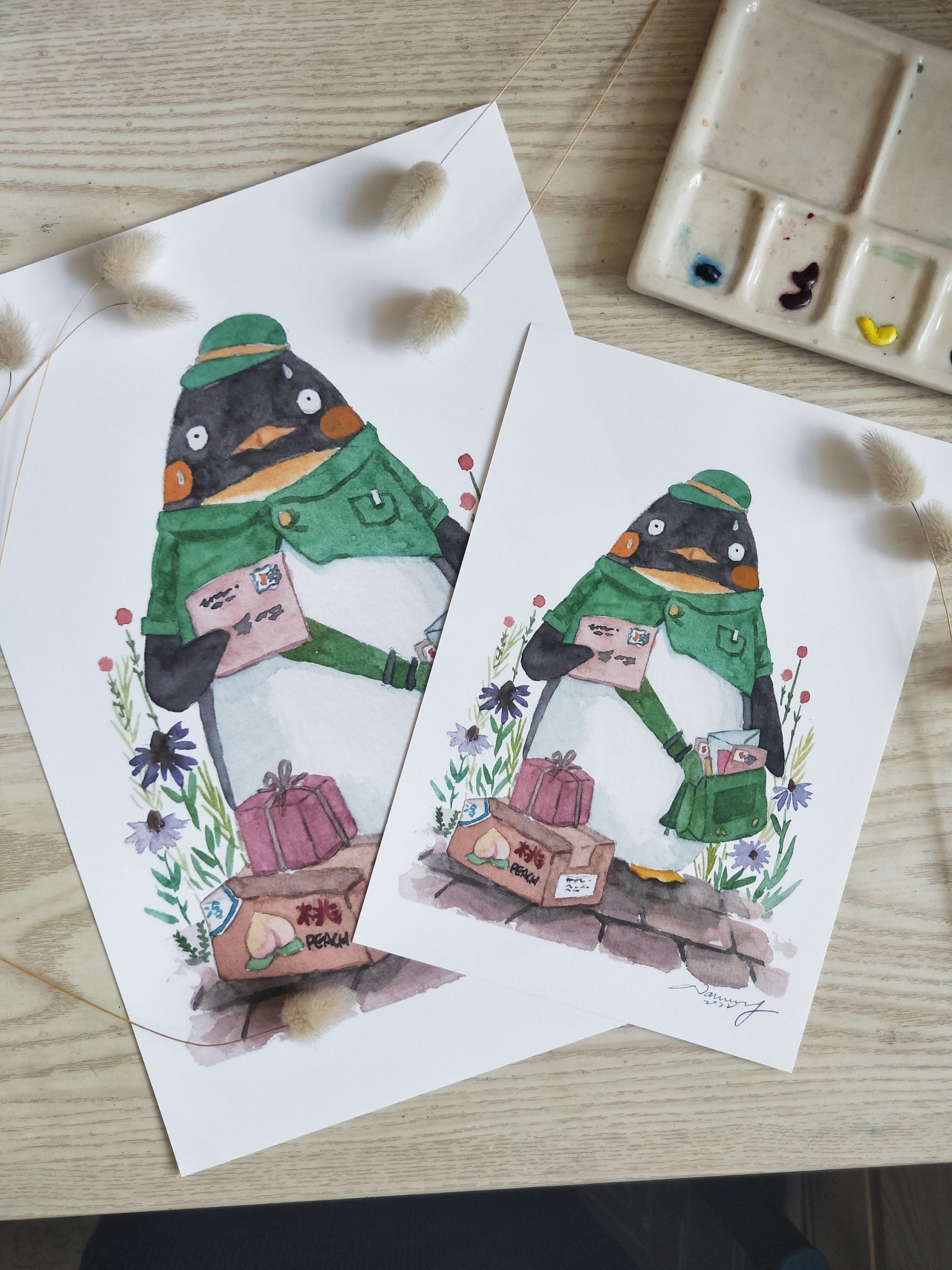 Watercolour illustration of a penguin postman carrying letters