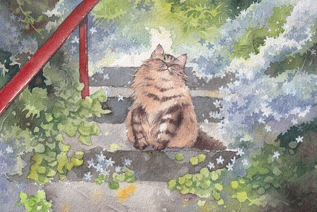 Watercolour print of a chubby ragamuffin cat on sun-dappled stairs among flowers