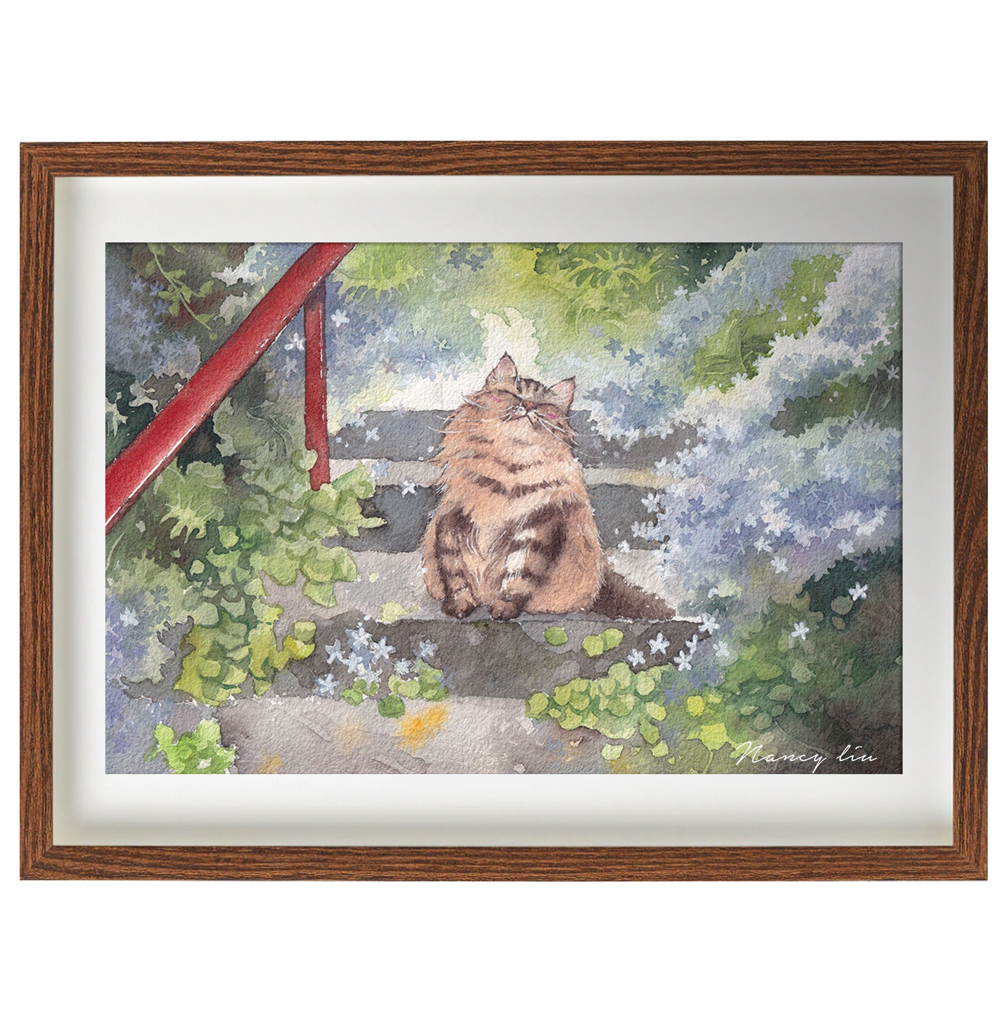 Fluffy Fat Cat watercolour art print shown framed on a wall
