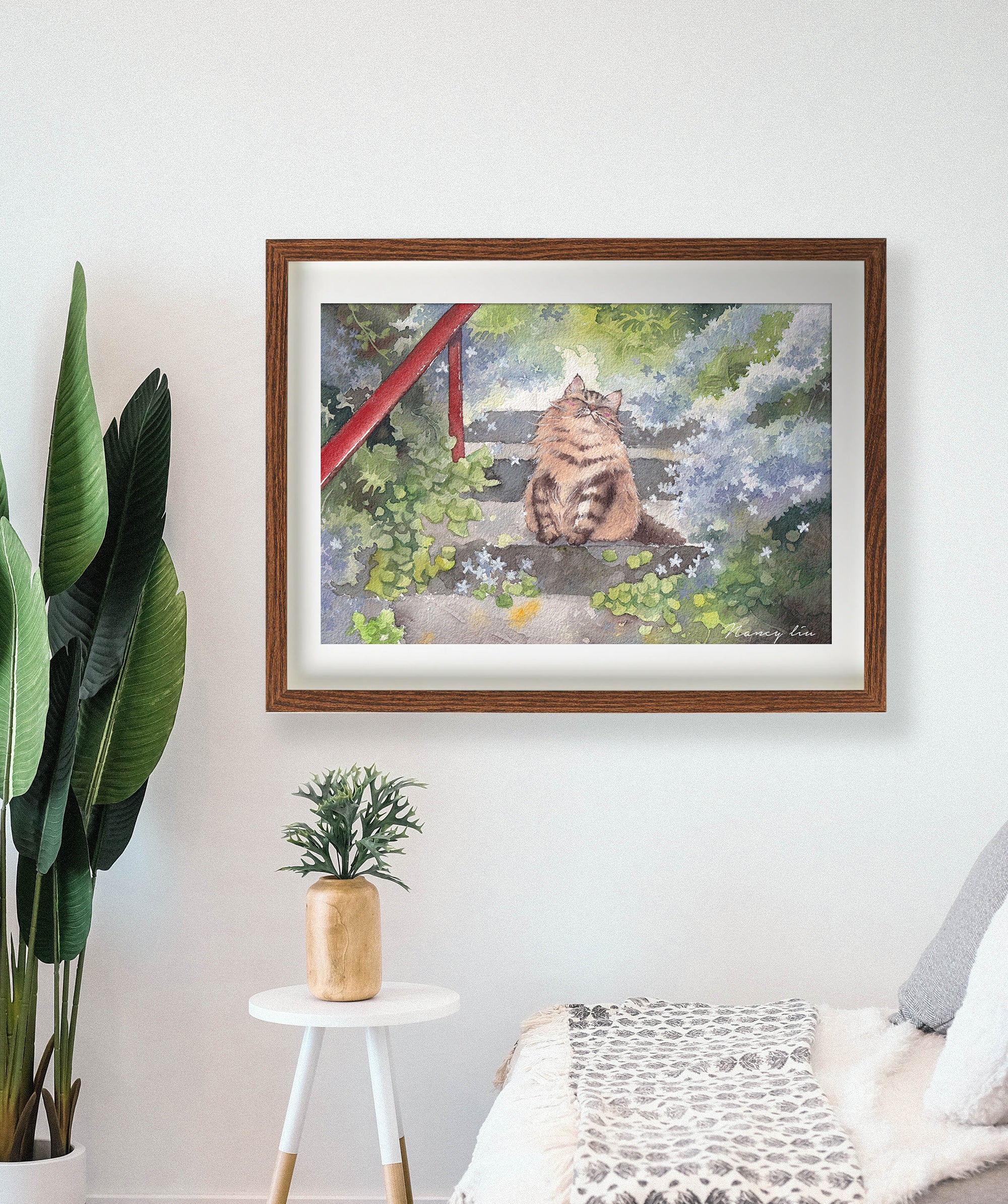 Fluffy Fat Cat cat lover wall art displayed in a styled room setting