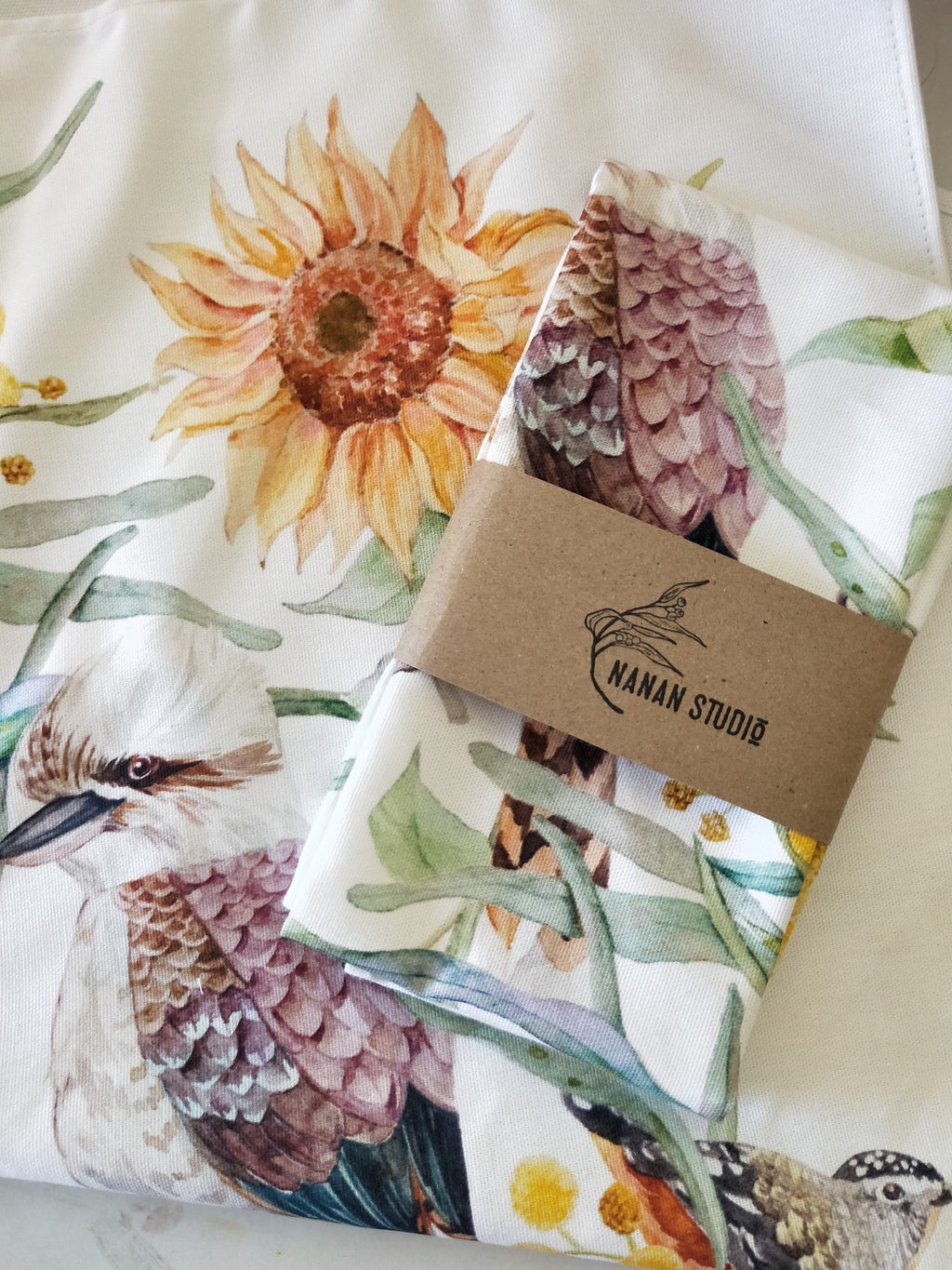 Kookaburra, sunflower, golden wattle watercolour tea towel
