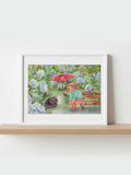 Meet Kuro in Hydrangea Garden| Watercolour Otter and cat Art Print