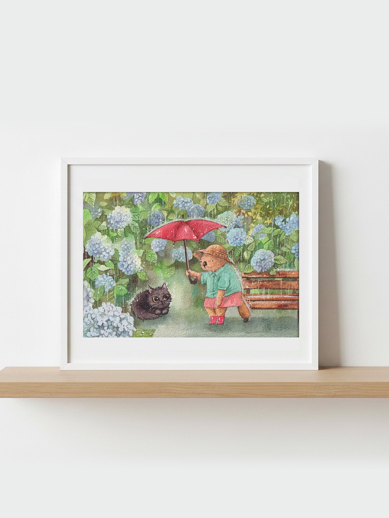 Meet Kuro in Hydrangea Garden| Watercolour Otter and cat Art Print