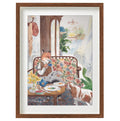 Watercolour illustration of Mr. Fox at breakfast with tea, a newspaper and his King Charles puppy, shown framed