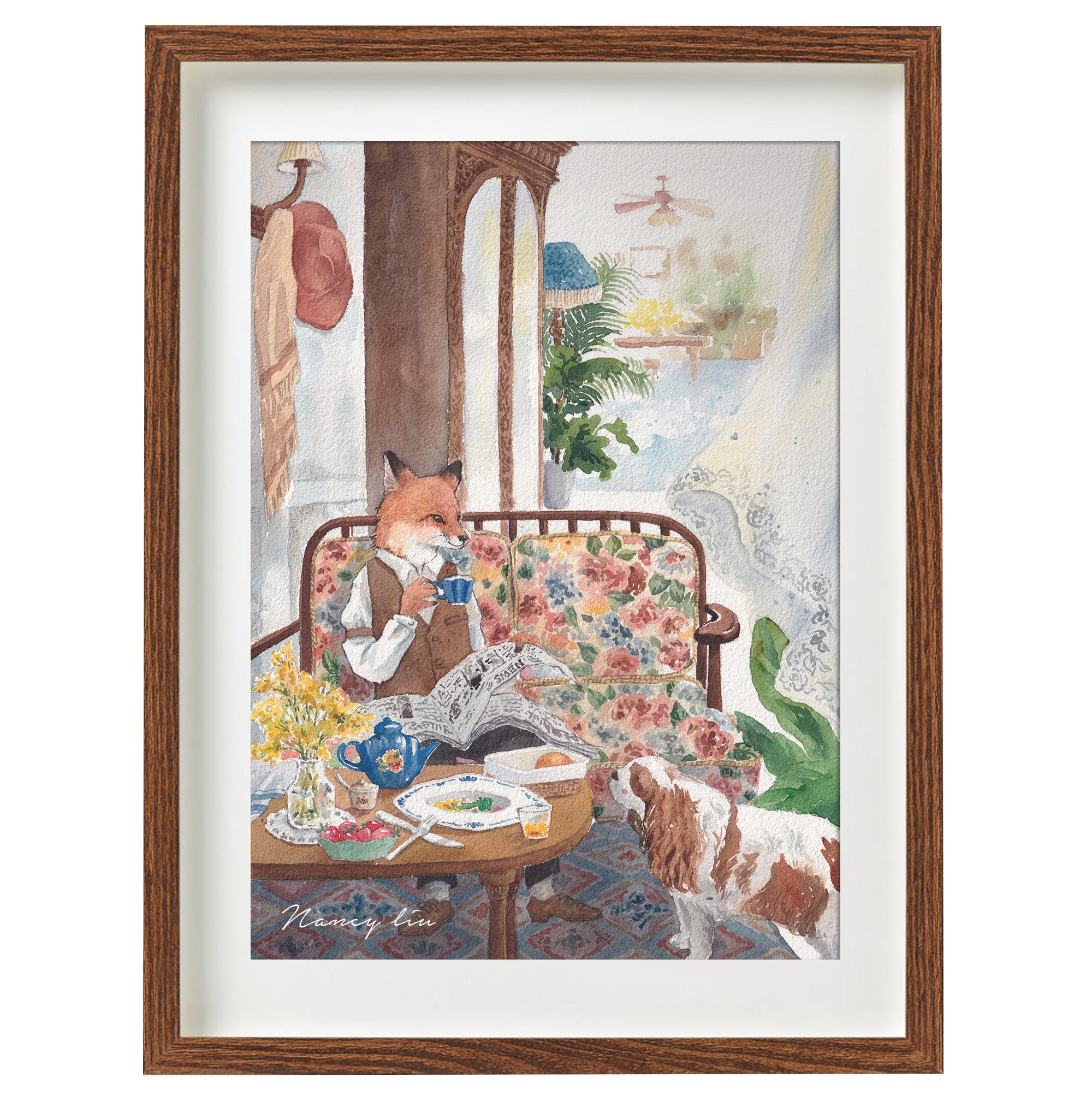 Watercolour illustration of Mr. Fox at breakfast with tea, a newspaper and his King Charles puppy, shown framed