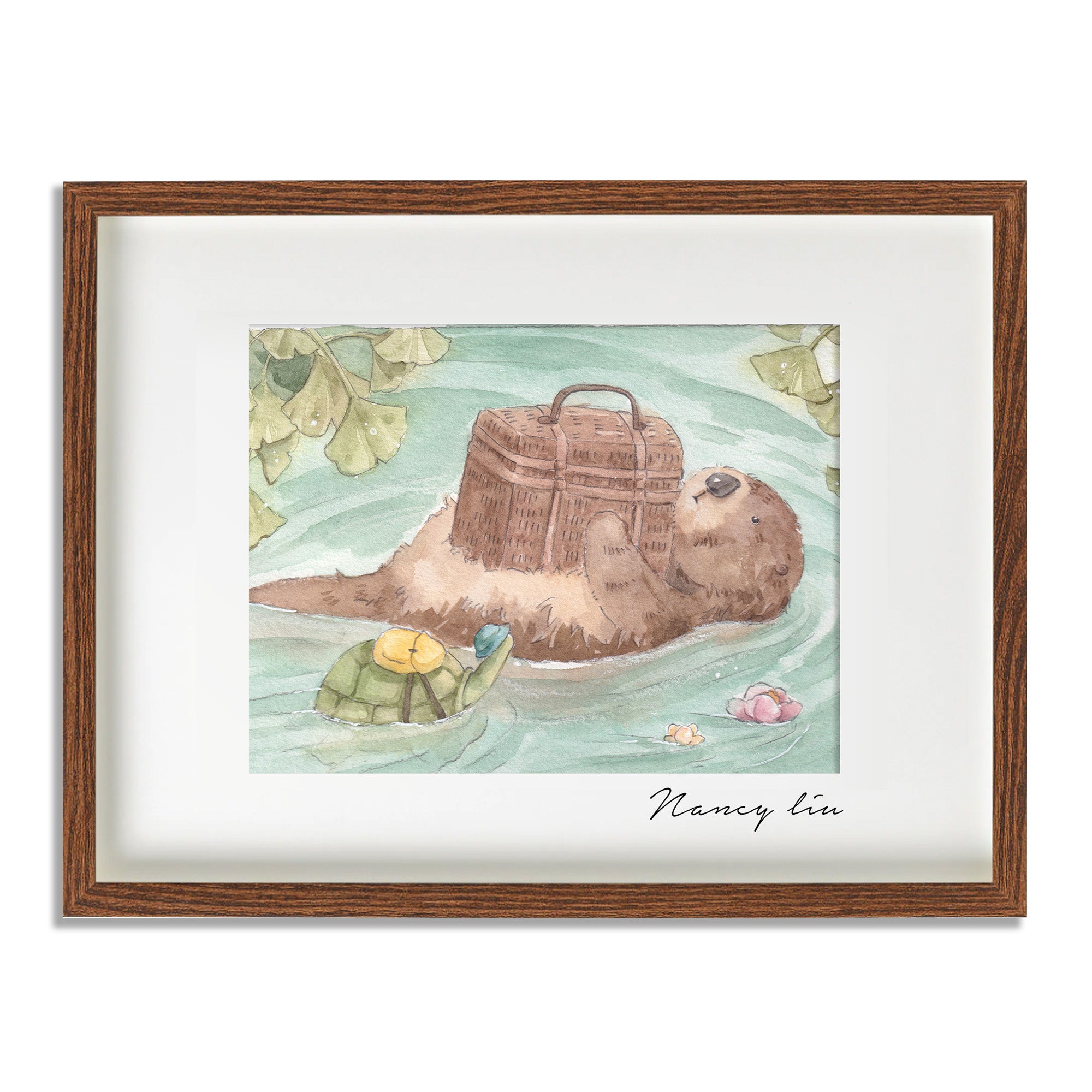 Mr. Otter and the little turtle print laid flat showing the white border