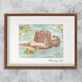 Watercolour illustration of Mr. Otter riding down a river with a little turtle