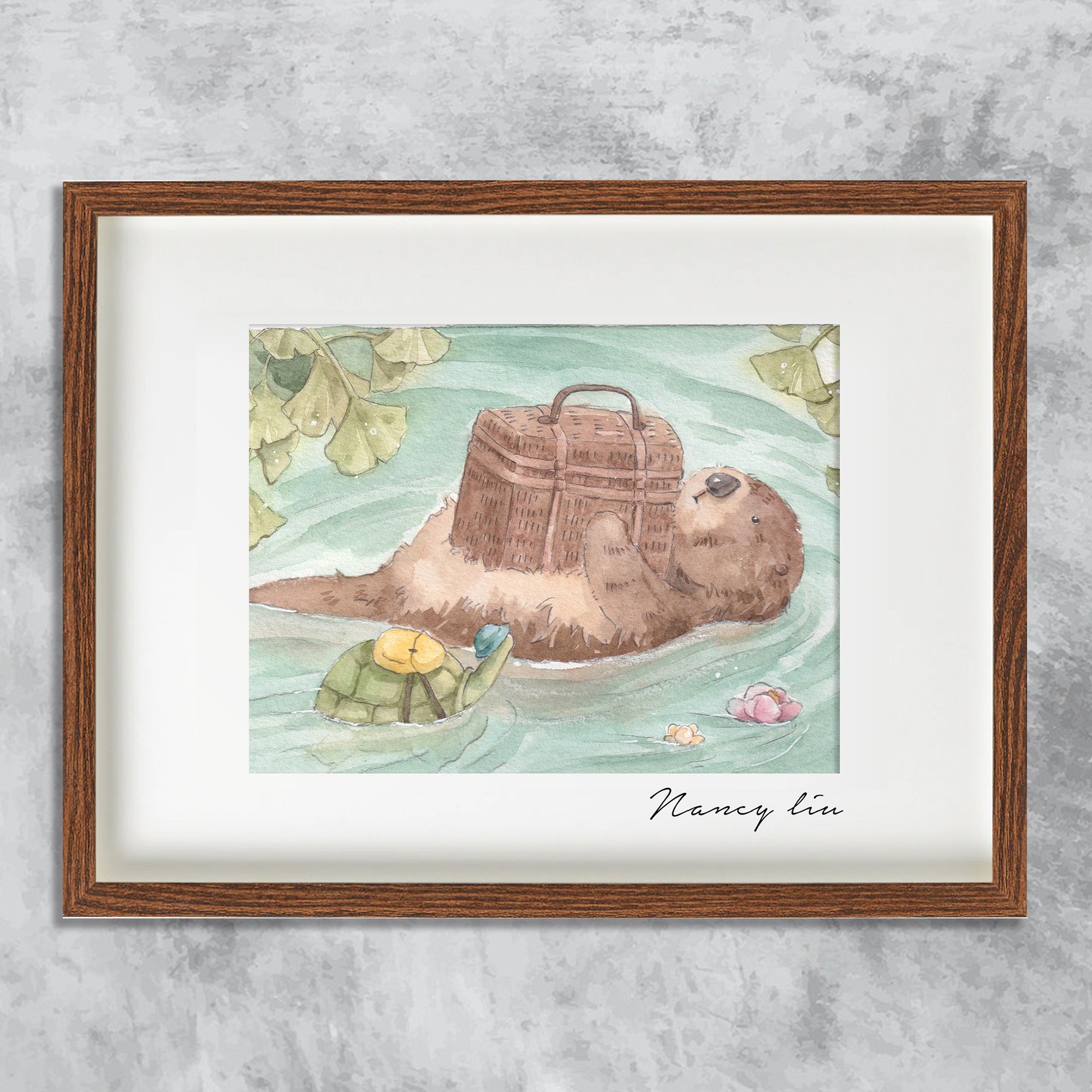 Watercolour illustration of Mr. Otter riding down a river with a little turtle