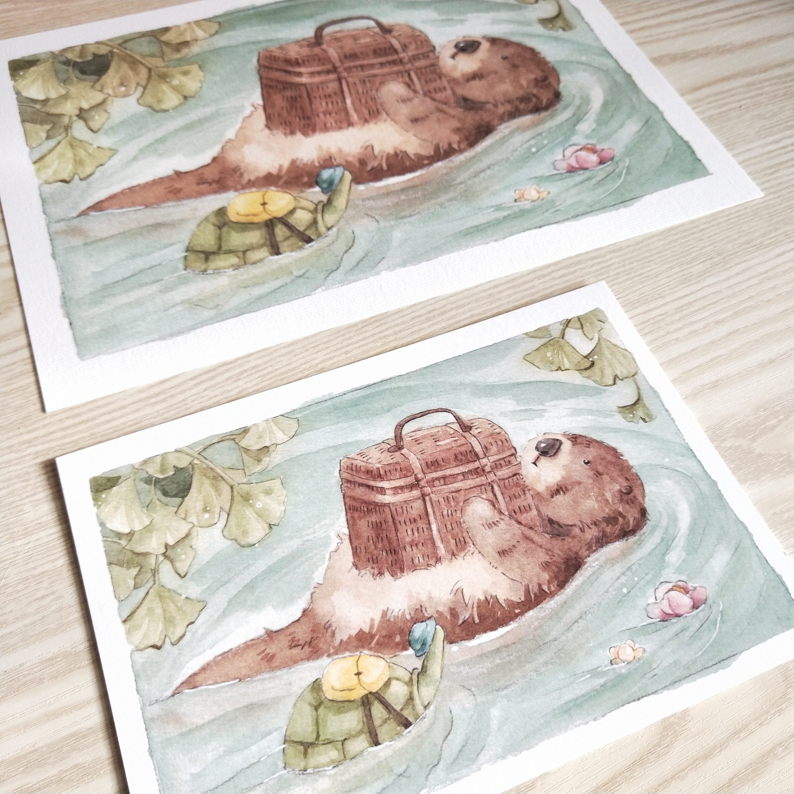 Mr. Otter and turtle watercolour illustration on a plain background