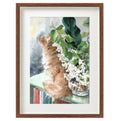Watercolour print of a ginger cat sitting beside white viburnum flowers