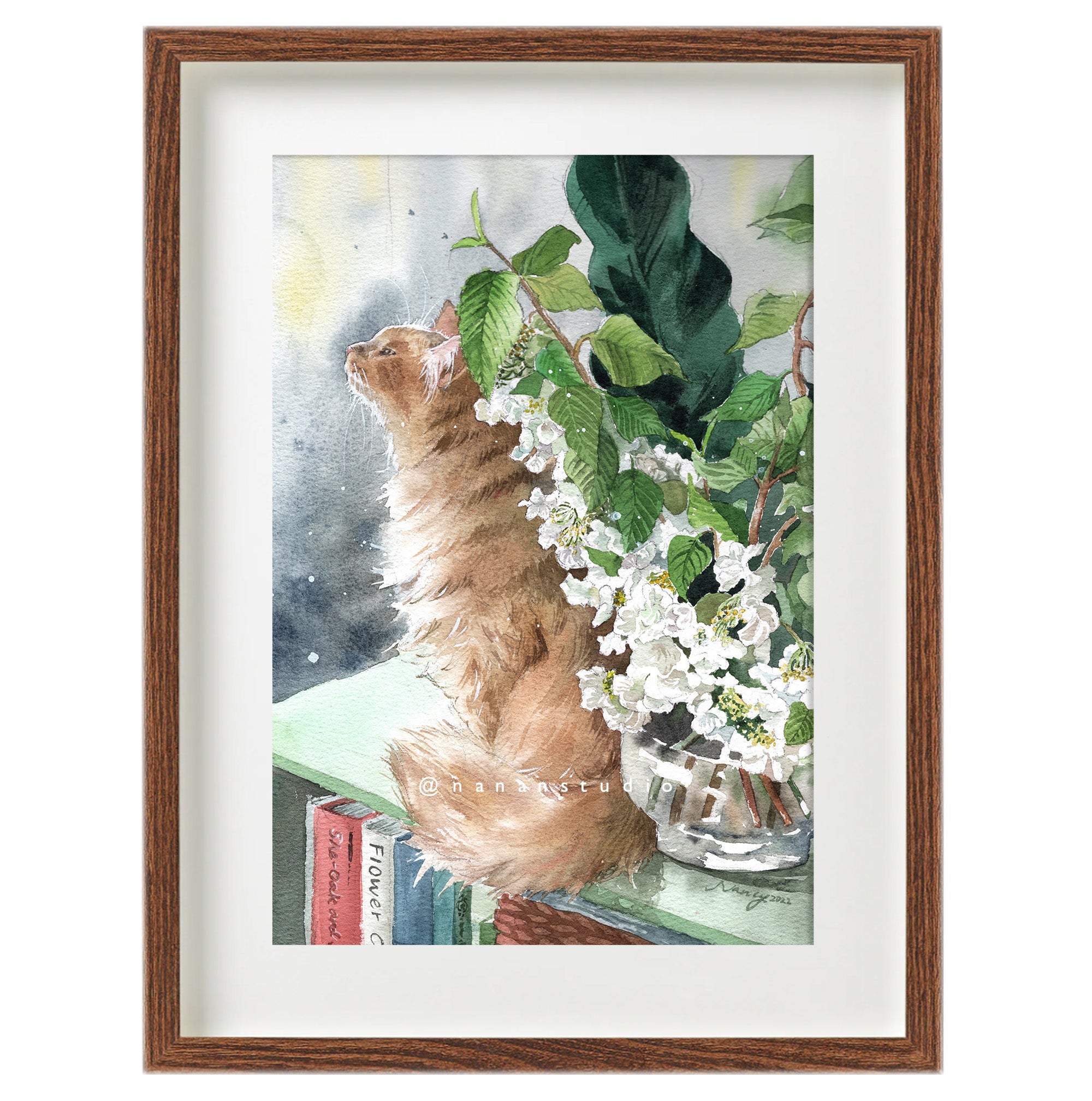 Watercolour print of a ginger cat sitting beside white viburnum flowers