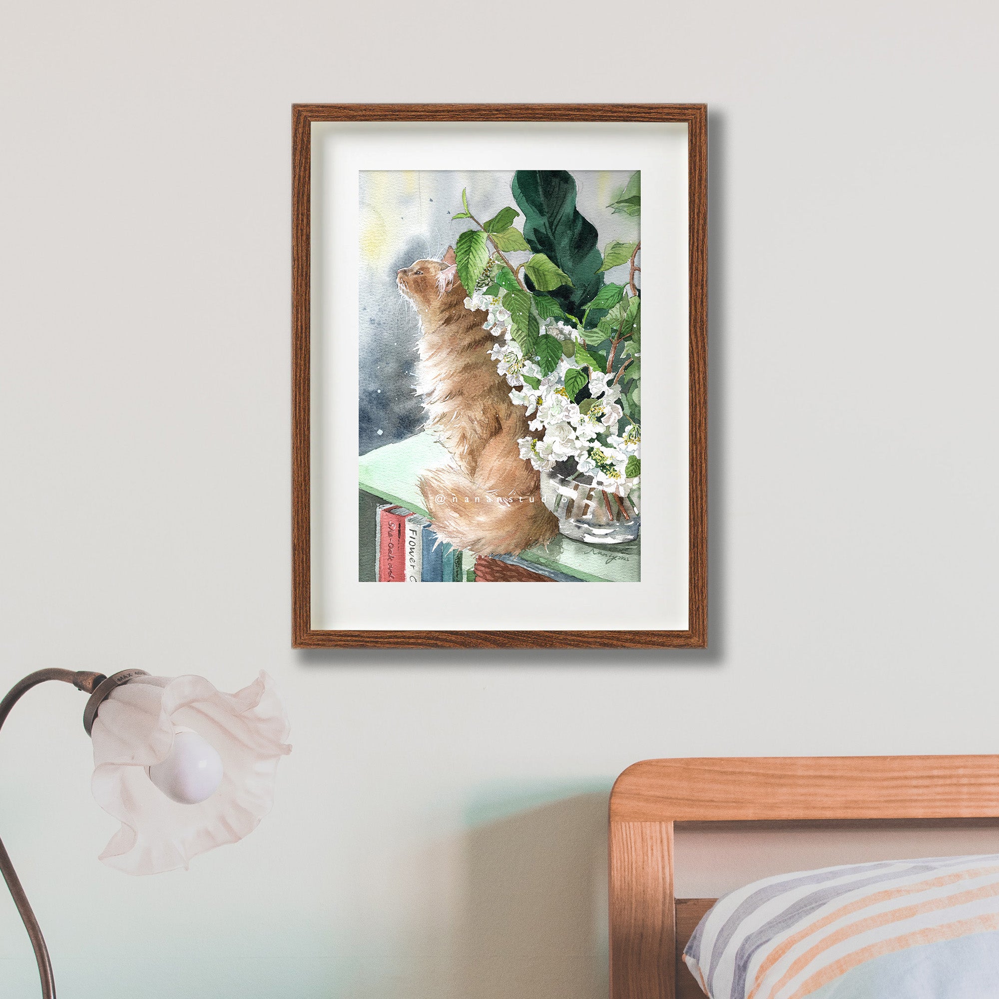 Sit by the Viburnum Flowers cat art print shown framed on a wall