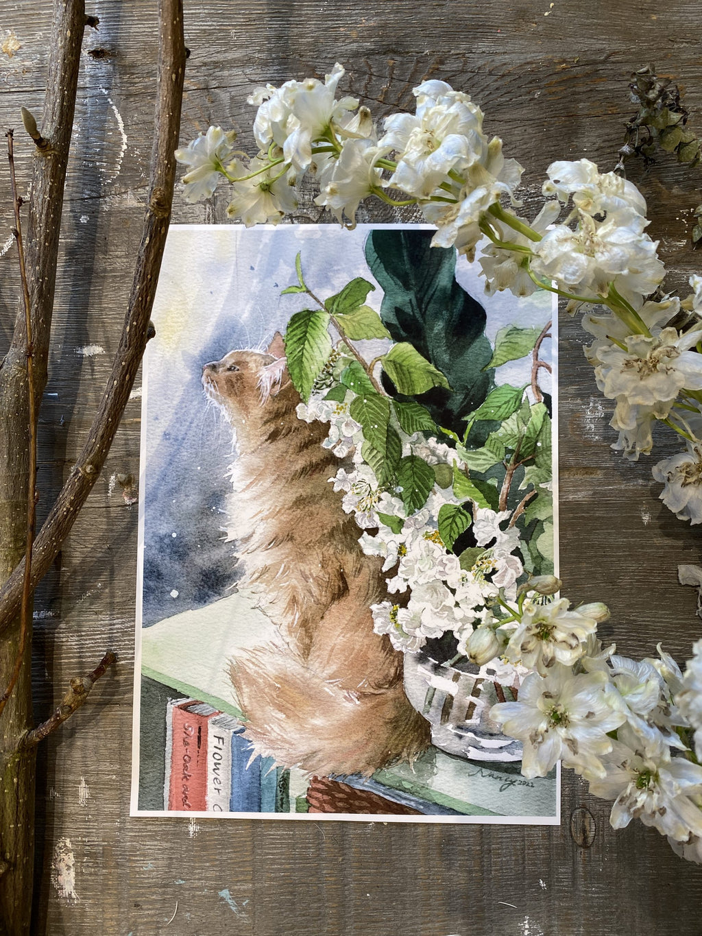 Close-up of the signed edge of the Sit by the Viburnum Flowers giclee print