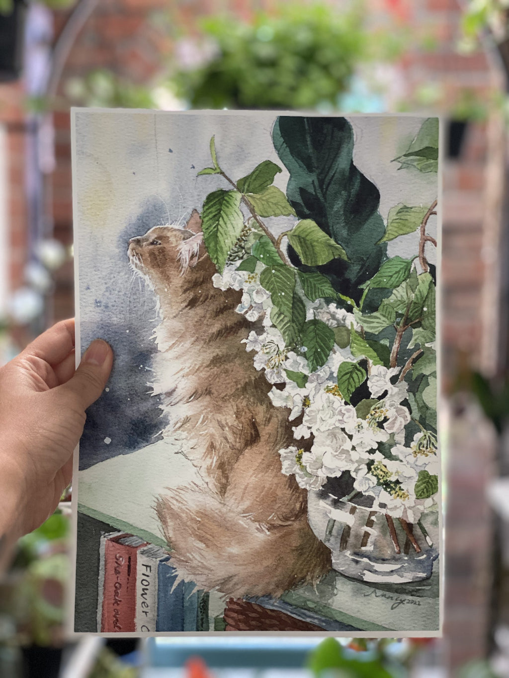Detail of the floral watercolour washes in the viburnum cat art print